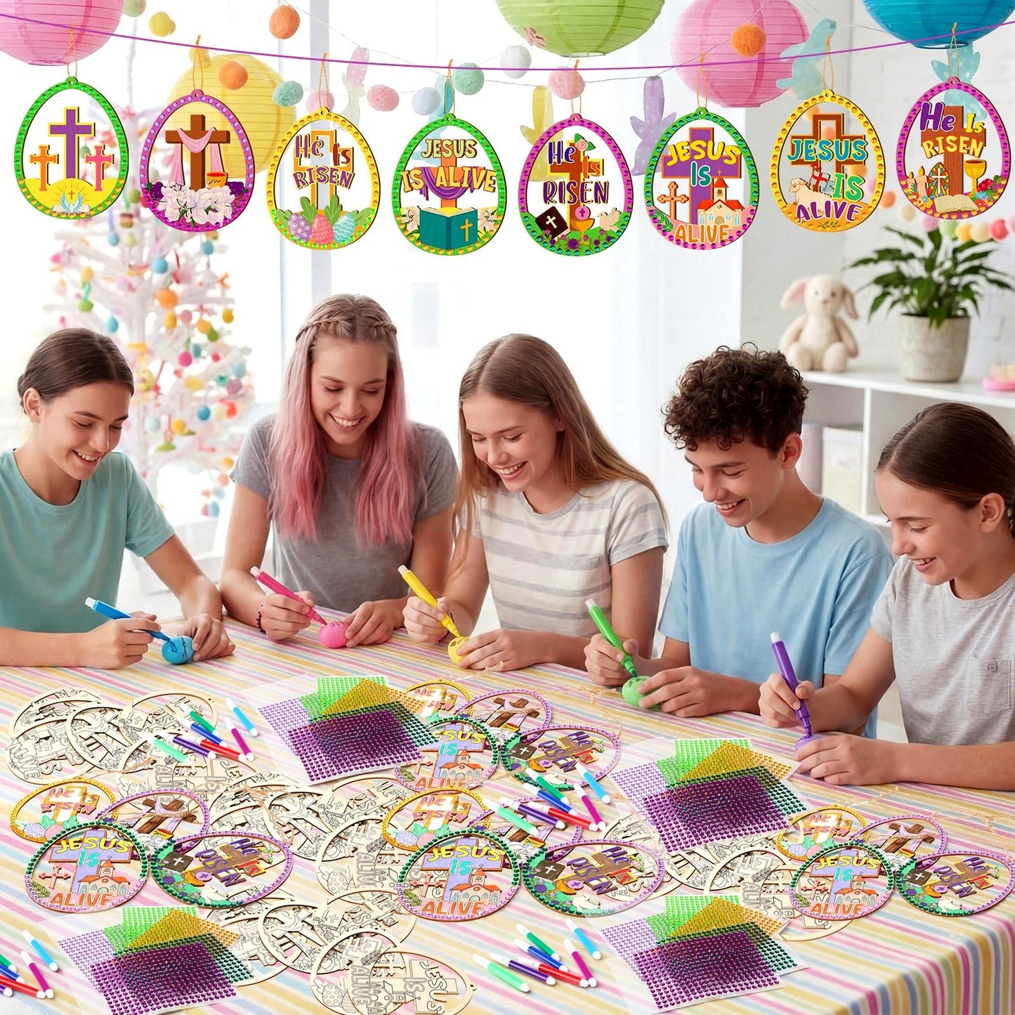 Wovnet 48 Pcs Wooden Craft Kit Make Your Own Ornaments Christian Religious Craft with Gem Sticker for Holiday Church Party Decoration Supplies (Mother's Day)