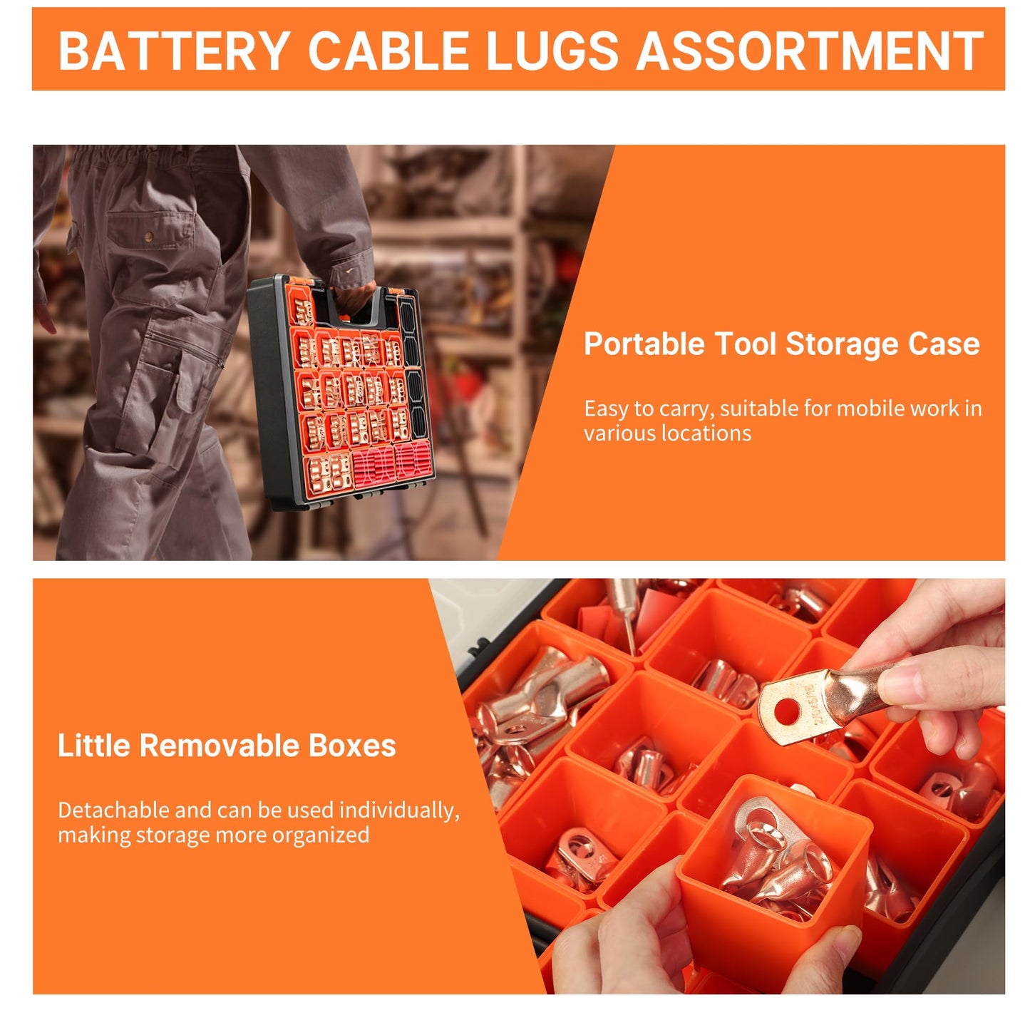 Kuject 220PCS Battery Cable Ends AWG 1 2 4 6 8 1/0 2/0 Gauge, 110PCS Heavy Duty Copper Wire Lugs Kit, Battery Cable Terminal Connectors Assortment with 110PCS 3:1 Heat Shrink Tubing