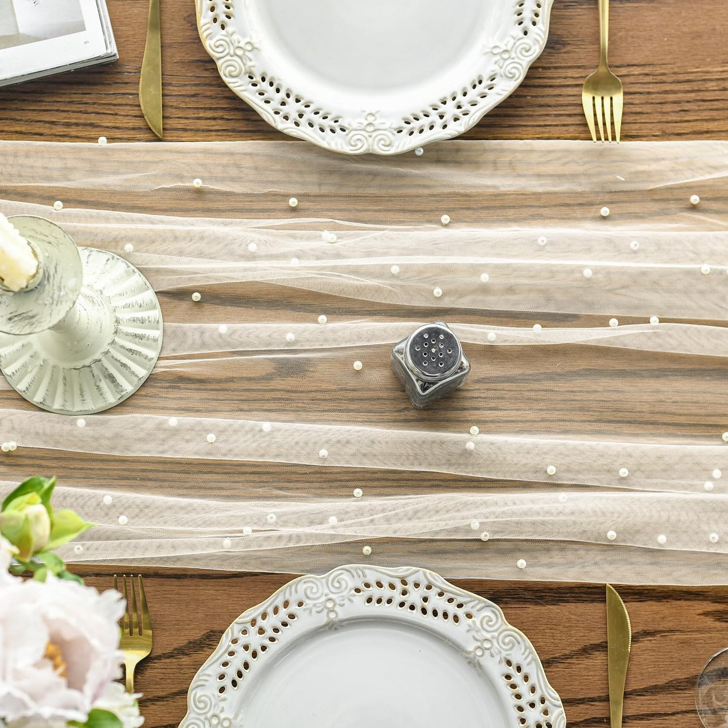 Artoid Mode 10PCS Pearl Beige Gauze Table Runner 120 Inch 10FT, Seasonal Sheer Dining Holiday Wedding Birthday Baby Shower Table Decor for Home Party