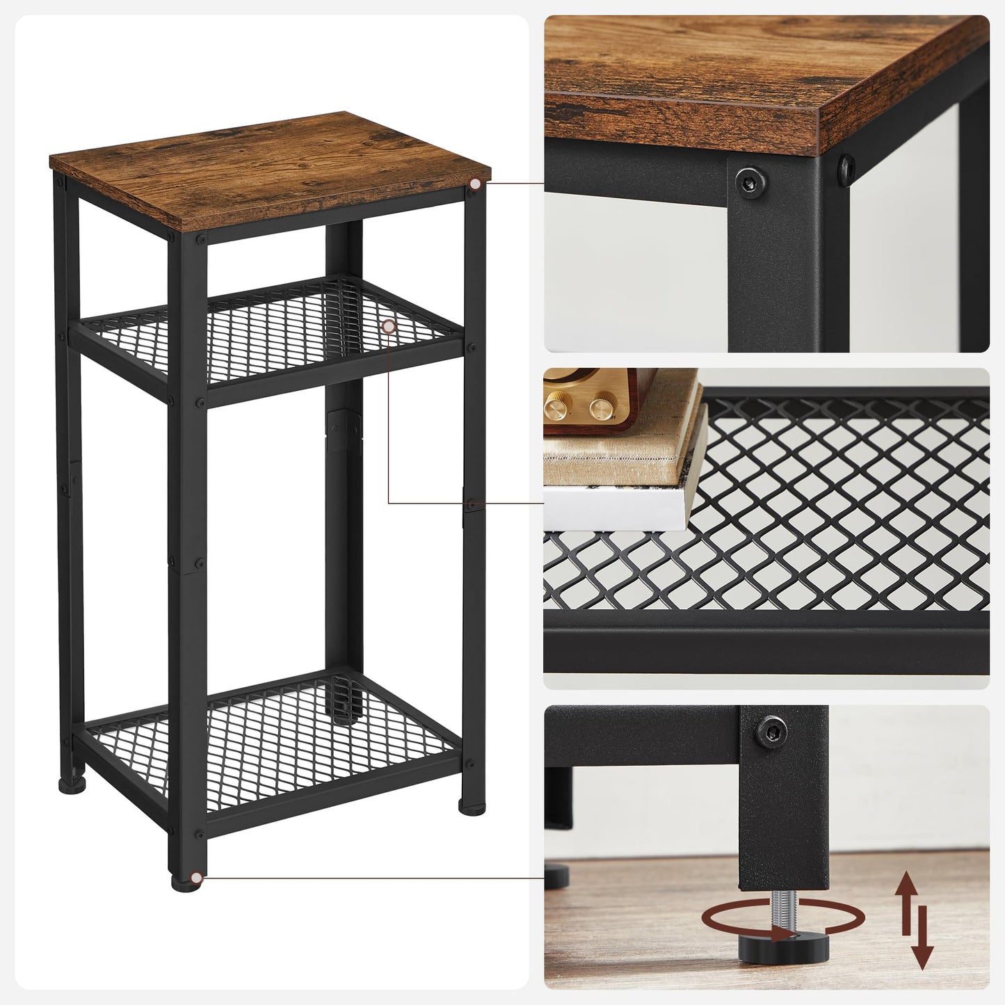 VASAGLE 3-Tier Tall Side Table, Small Telephone End Table Stand with 2 Mesh Storage Shelves for Office, Bedroom, Living Room, Kitchen Cart, Rustic Brown and Ink Black