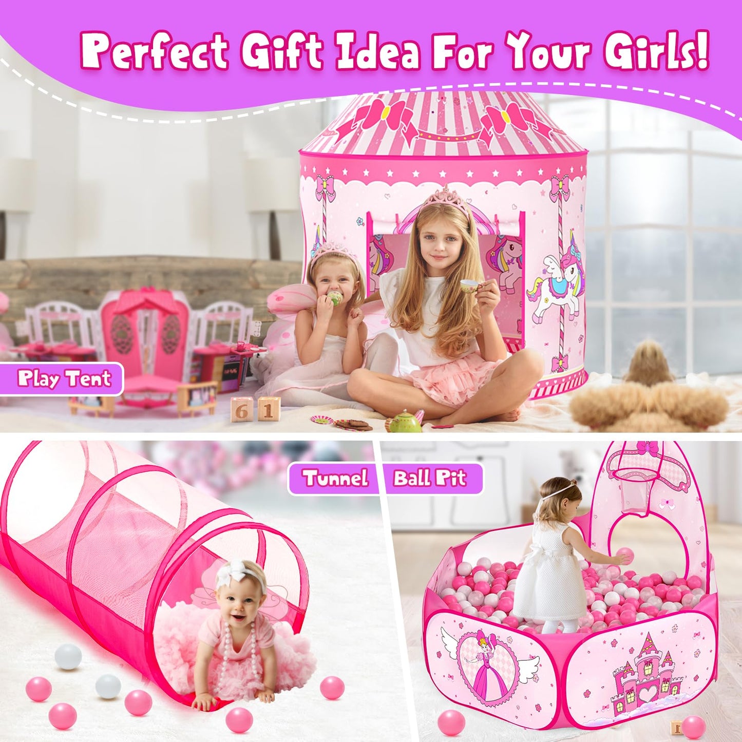 3 in 1 Girls Princess Play Tent for Kids: Pop Up Toddlers Playhouse with Baby Crawl Tunnel, Ball Pit and Castle Tent - Pink Children Play Tent Toys Indoor and Outdoor Game for Birthday Gift