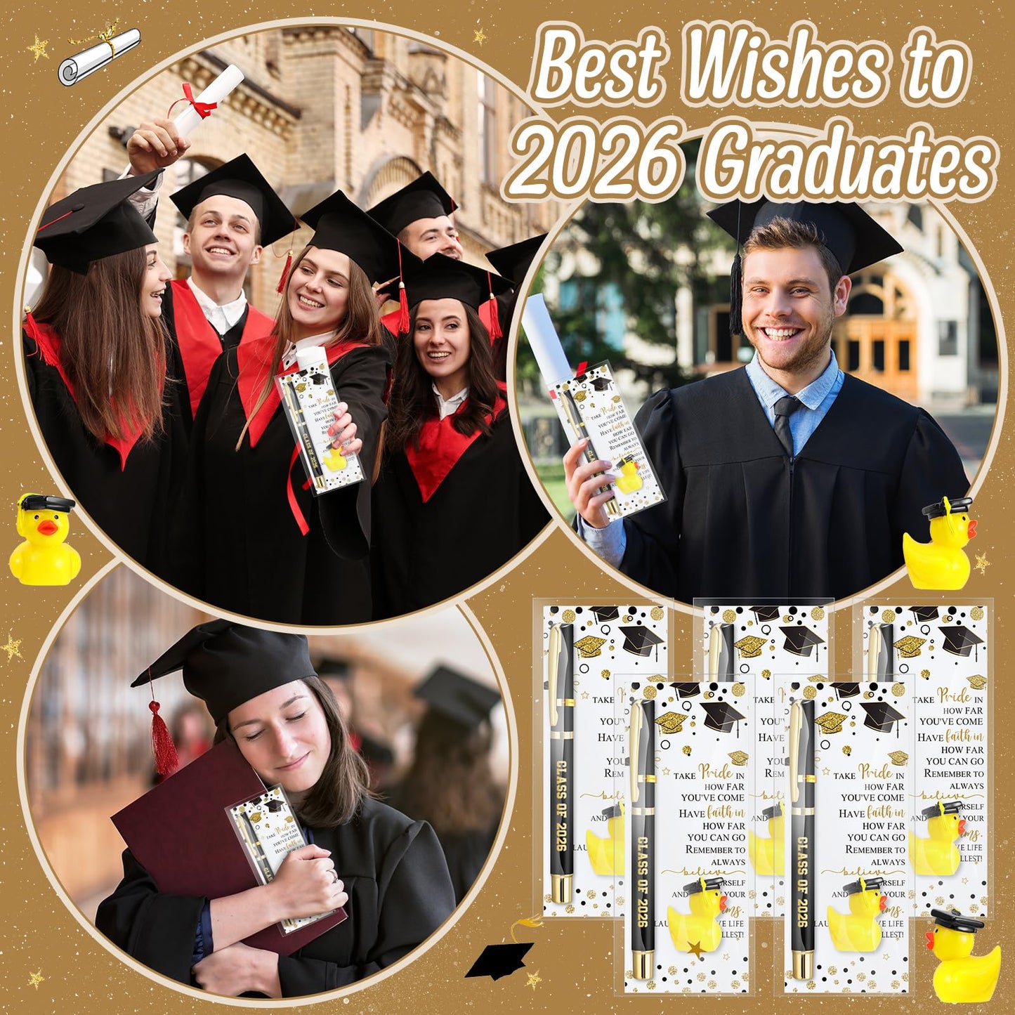 Sayglossy 30 Sets Graduation Gifts Bulk Class of 2026 Gel Ink Pen Mini Card Cap Yellow Resin Duck Graduation Party Favors End of Year Gift(Black)