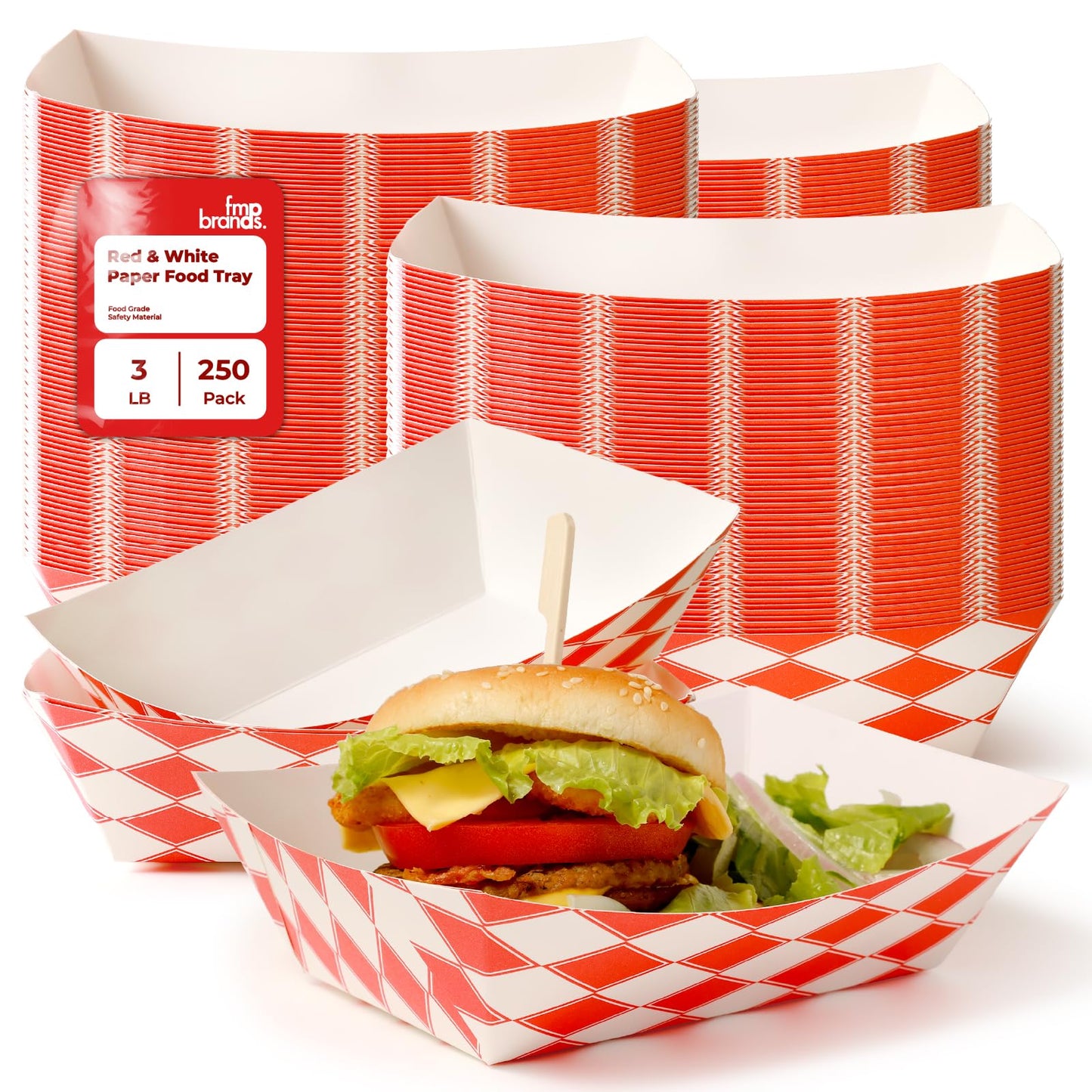 Fit Meal Prep [250 Pack 3 lb Paper Food Boats Heavy Duty Disposable Food Trays, Red Check Nacho Tray for Parties Fairs Picnics Carnivals, Holds Tacos Nachos Fries Hot Dogs Grease Resistant