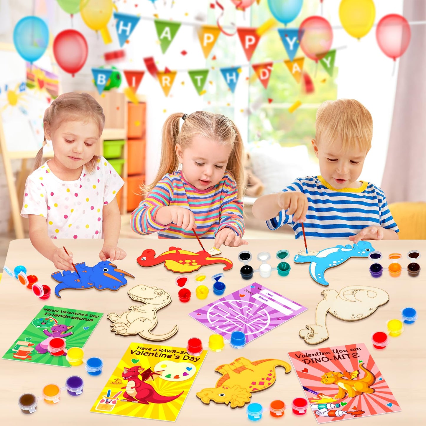 Ximoeo 26 Sets of Dinosaur Wood Paint Crafts Set Valentine's Day Gifts for Kids with Valentine's Day Card School Classroom Valentine Gifts Boy Girl Exchange Party Favors Goodie Bags for Kids