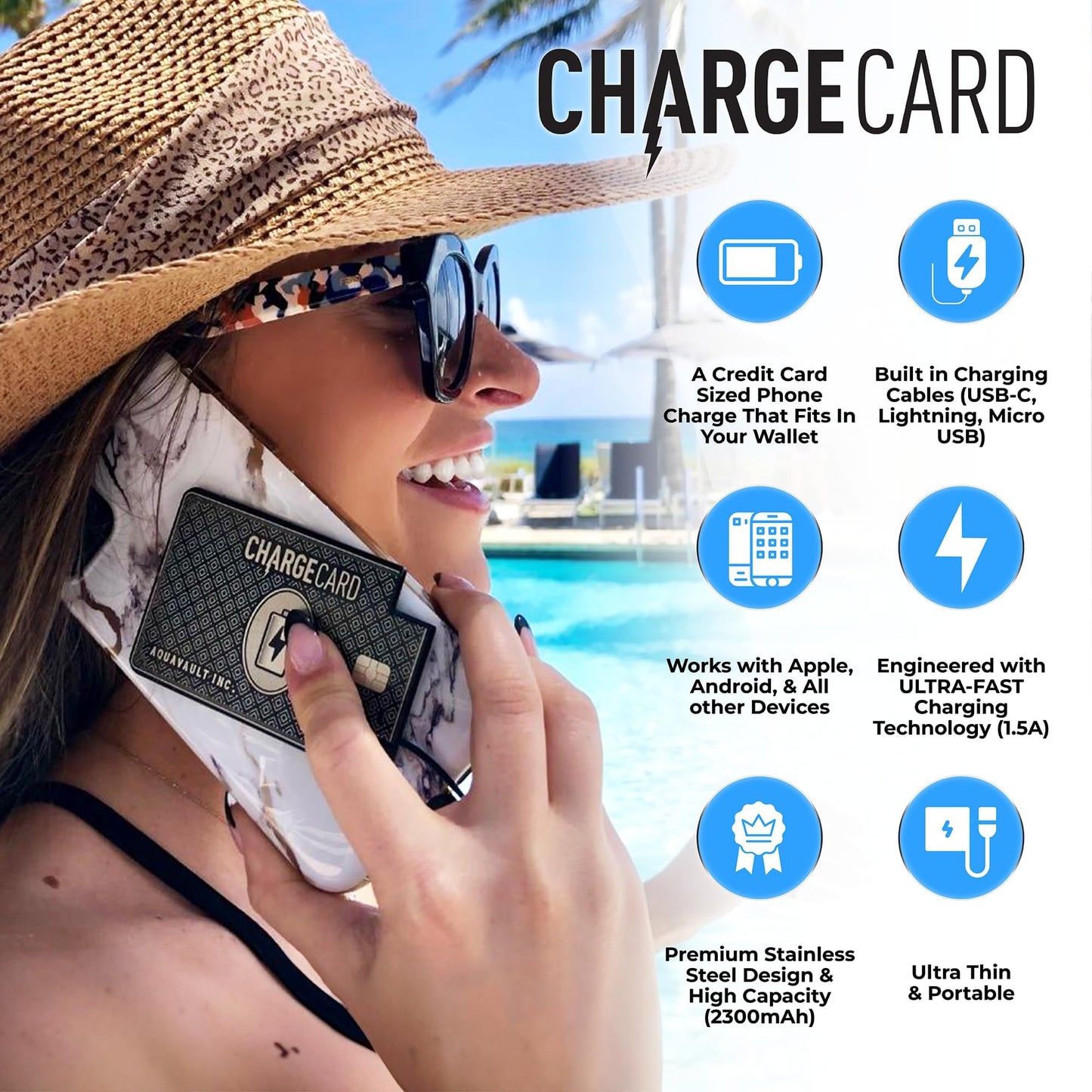 Ultra Thin Emergency Phone Charger. Portable Power Bank that Fits in Your Wallet. Works with All Phones. 2300mAh &1.5A Fast Charge. Built in Cables (Lightning, USB-C, Micro USB) - ChargeCard BLACK