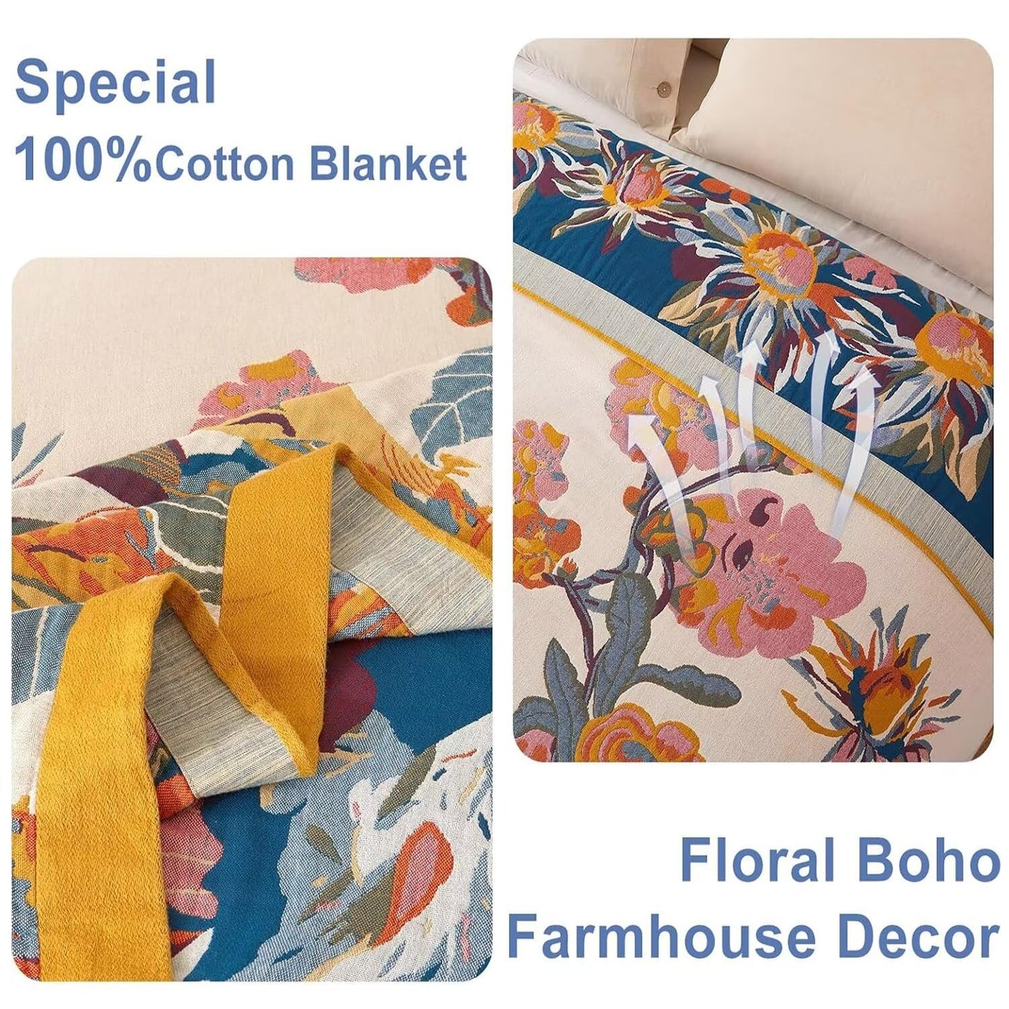 Wzvzss Boho Throw Blanket - 100% Cotton Soft Summer Throw Blanket for Bed, 90"x108" Reversible Breathable Lightweight Blankets, All Seasons Farmhouse Decor Floral Plant Butterfly Throw Quilt