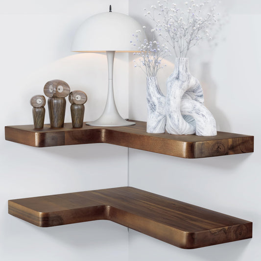 BATODA Acacia Wood Corner Floating Shelf 17” x 12”- Corner Shelf Wall Mounted - Floating Book Shelves for Wall - Corner Shelf for Home, Kitchen - with Brackets and Hardware (Walnut Color, 17" x 12")