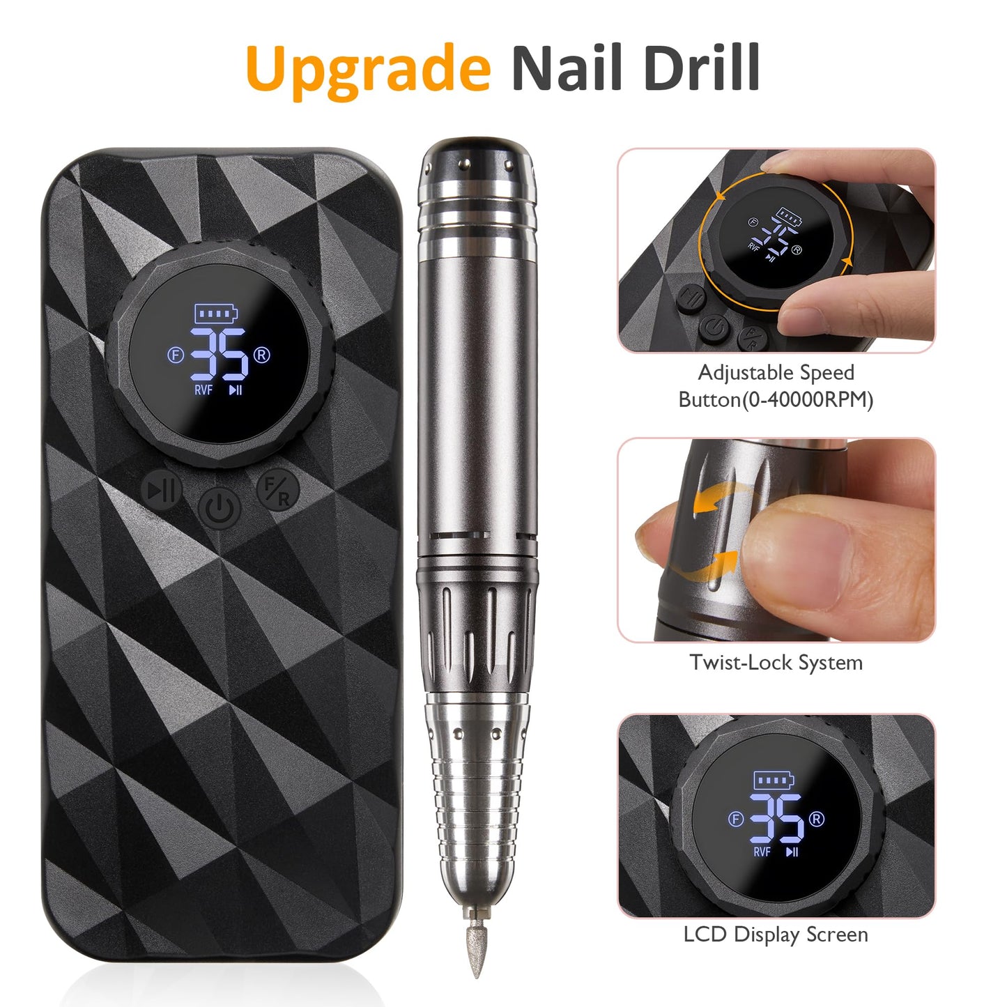 Sunvivi 40000RPM Electric Nail Drill, Rechargeable Nail File Set for Acrylic Nails Gel Polishing, Professional Nail Drill Machine Efile Manicure Pedicure Tools with Nail Drill Bits for Home Salon Use