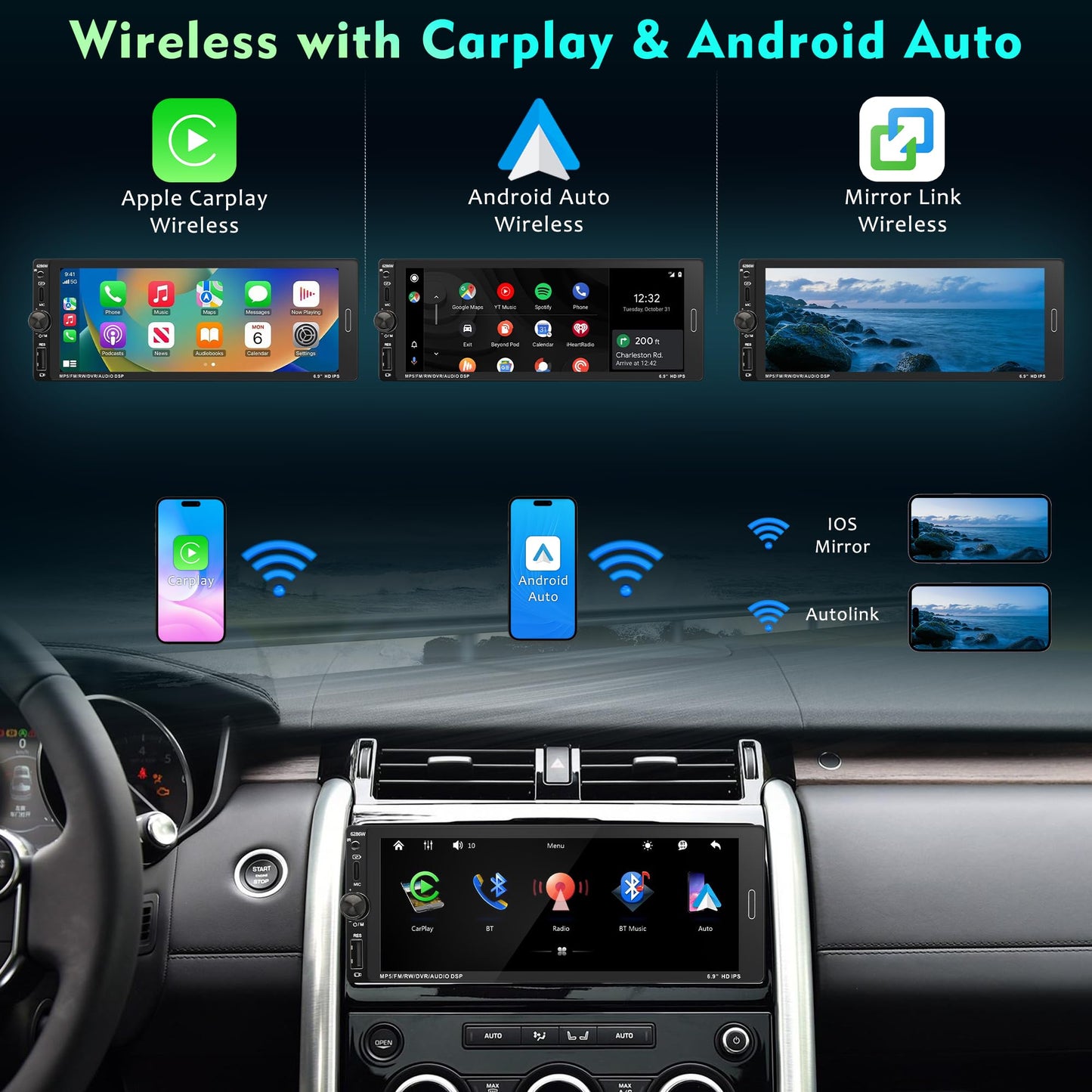 6.9 in Wireless Carplay Single Din Car Stereo, HD IPS Touchscreen Car Radio, Car Stereo with Bluetooth 5.0,Mirror Link,FM,EQ,USB/Type-C,MIC, Weatherproof Night Version Backup Camera, Android Auto