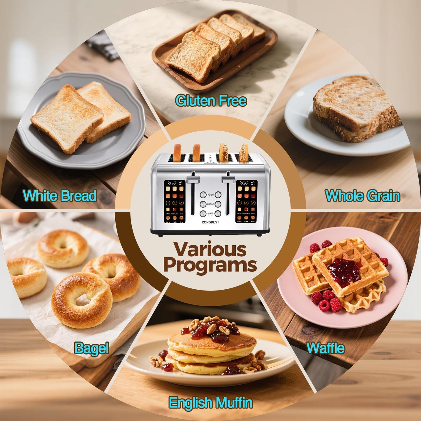 4 Slice Touch Screen Toaster, Stainless Steel Toaster with Wide Slots for Bagels and Bread, Reheat/Defrost/Cancel Functions, Removable Crumb Tray, Silver