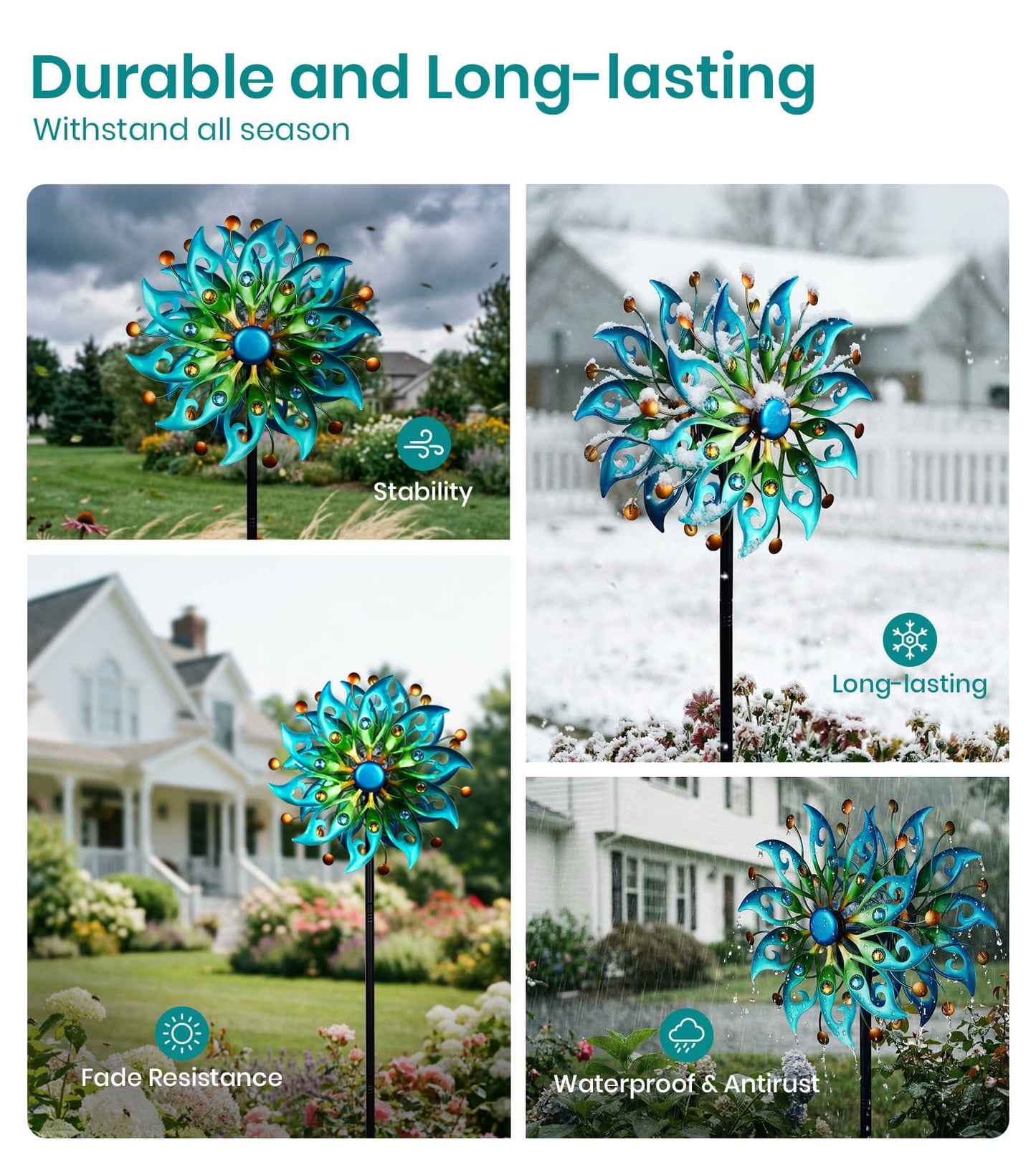 VUFOZ Solar Wind Spinners Outdoor, Metal Kinetic Garden Art, Peacock Decor