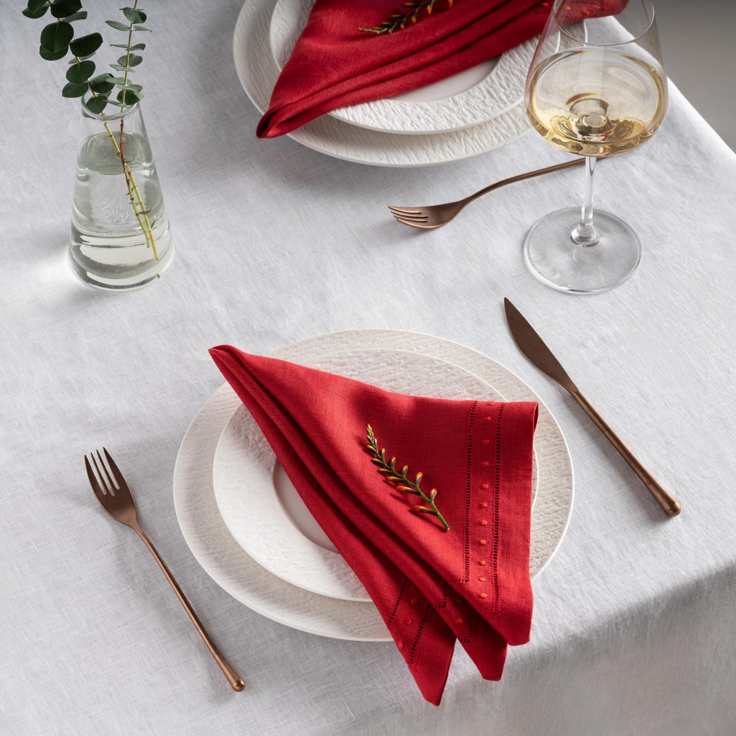 Linen Napkins Set of 4-100% Pure Linen Red Embroidered Dinner Napkins - Hemstitch Cloth Napkins Washable for 4th of July