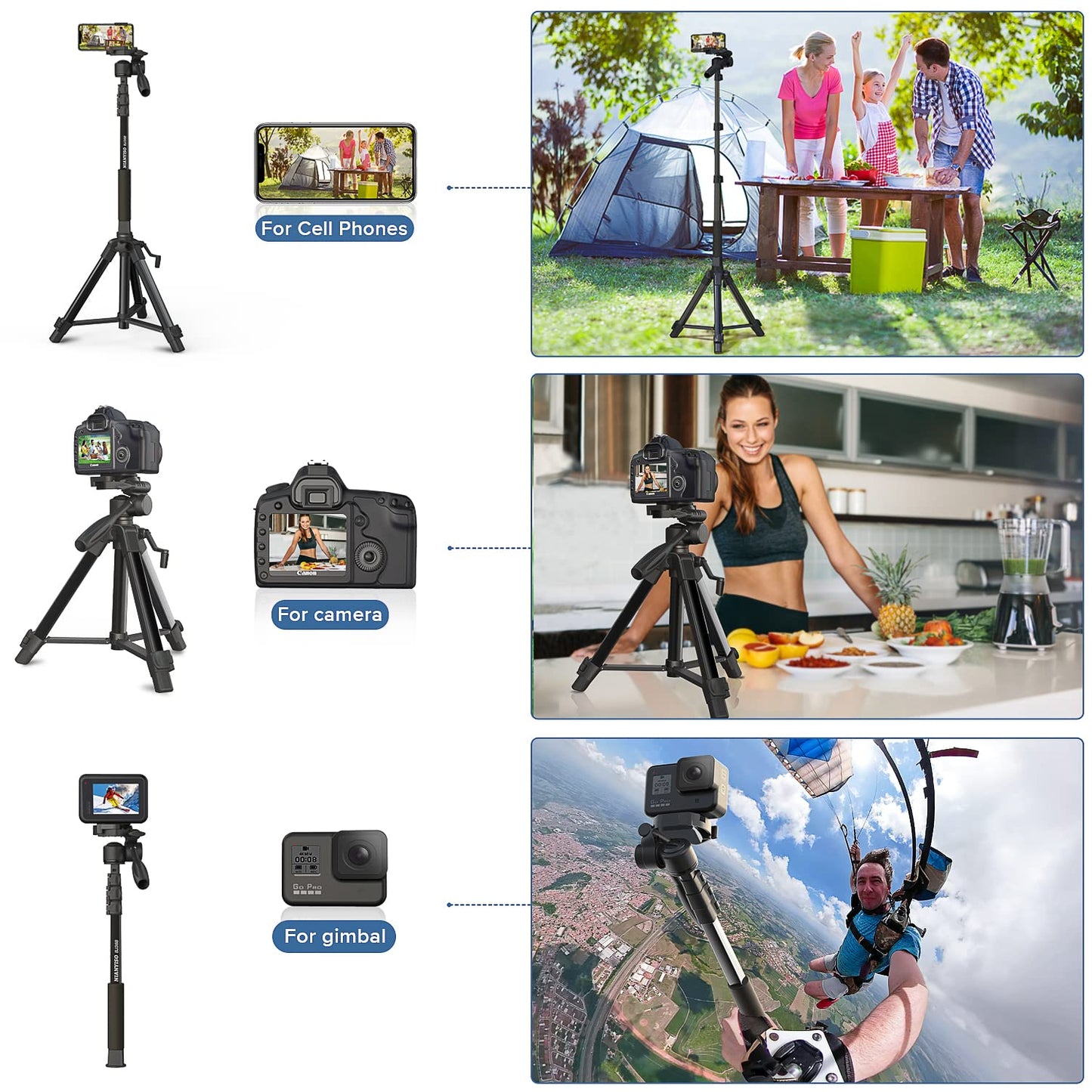 Camera Tripod 69 Inch, Patented 3-Way Swivel Portable Phone Tripod Professional Aluminum Alloy Travel Phone Camera Stand Monopod for Canon Nikon GoPro DSLR, DV Video Camcorder, Smartphone Black