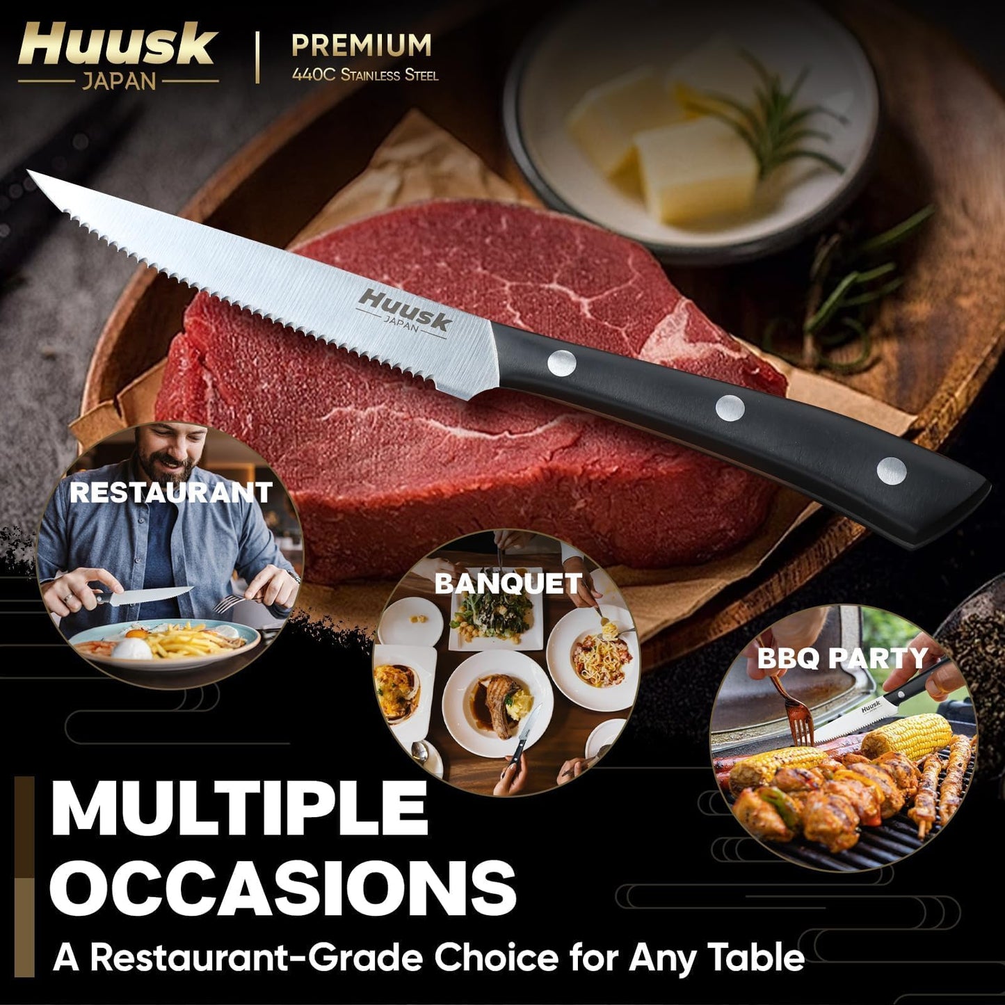 Huusk Steak Knives Set of 6, Sharp Serrated Steak Knives with Full Tang Handle, Japanese Stainless Steel Stake Knife Set for Dinner Kitchen Table, Birthday Gifts Box for Men Women