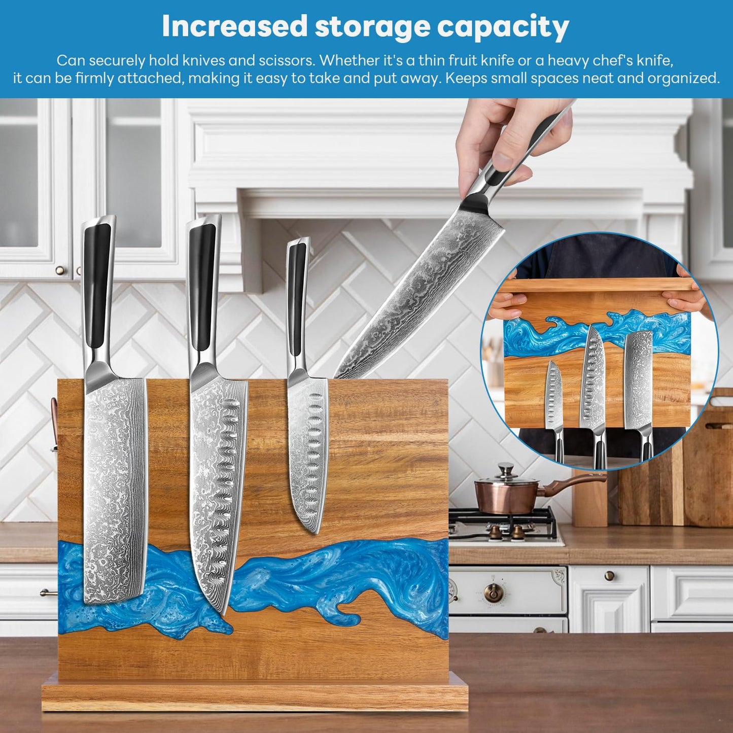 minyuexia magnetic knife holder - Acacia wood Magnetic Knife Block, Magnetic Knife Storage with double-sided magnetic, blue resin river, 12.59 × 9.84 inches (Without knife)