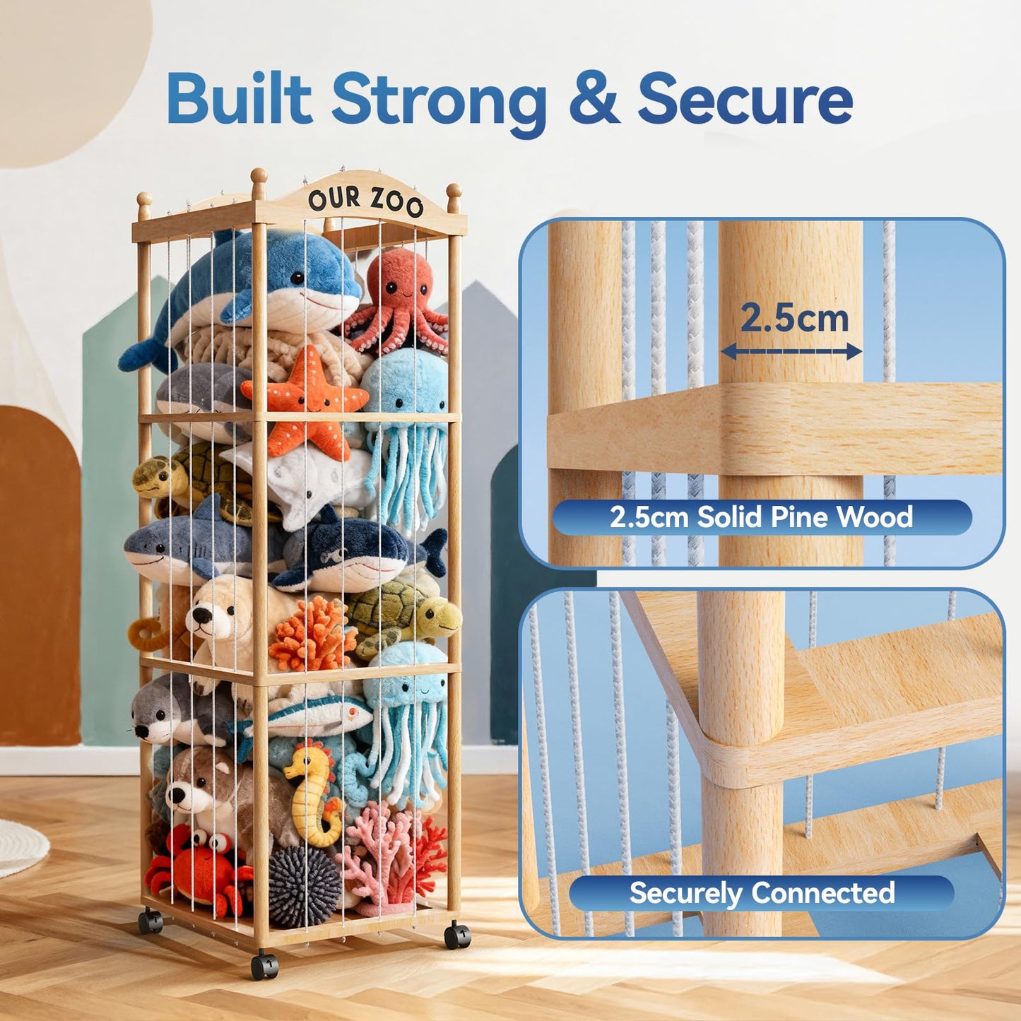Jumvix Stuffed Animal Storage Zoo Tower, Large Capacity Wooden Stuffed Animal Holder with Wheels, Space-Saving Toy Storage Organizer, Stuffy Plushies Storage for Nursery, Playroom & Bedroom