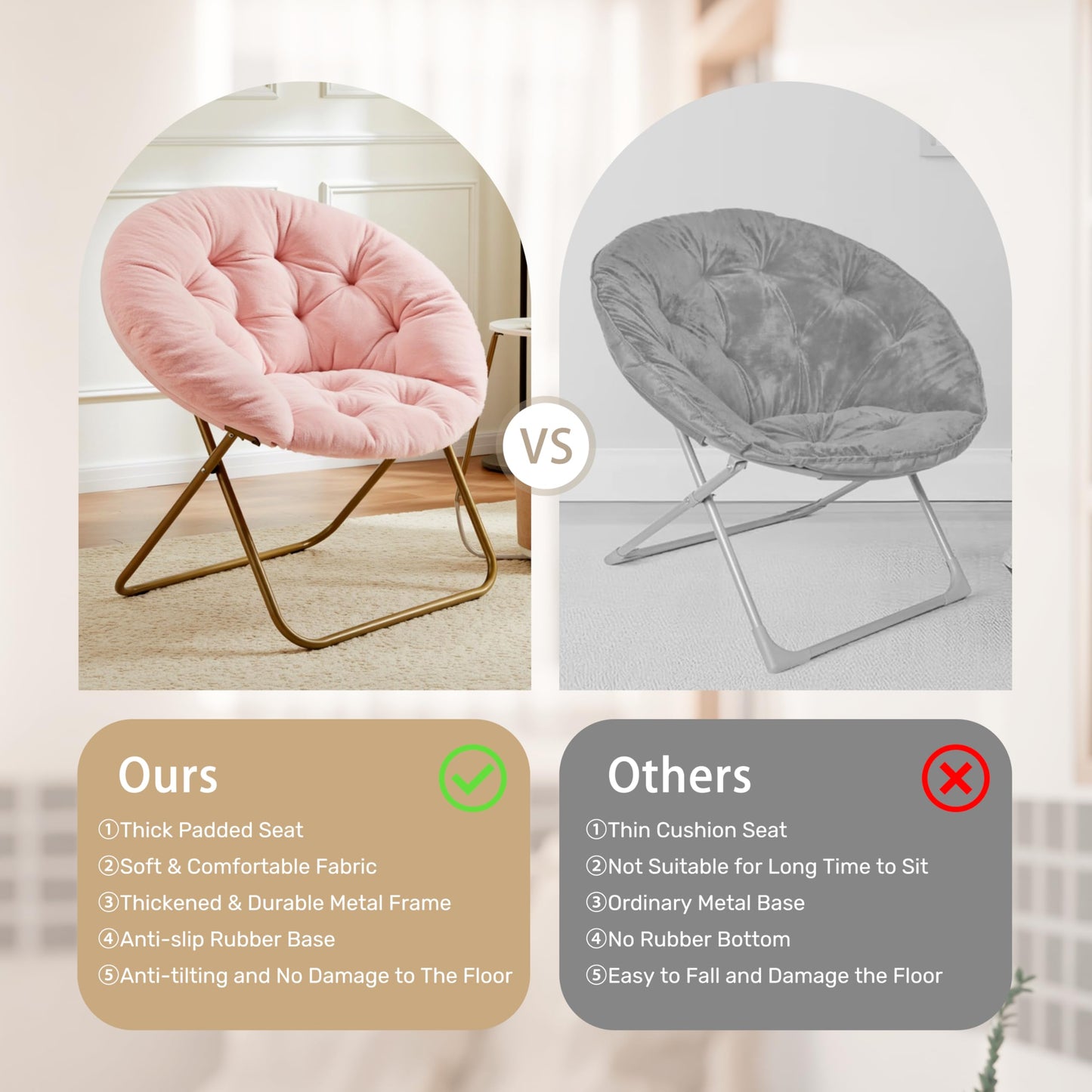 HealSmart Saucer Chair, Comfy Faux Fur Chair for Bedroom, Saucer Chairs for Adults, Teens, Round Shaped Moon Chair with Foldable Metal Frame, Pink