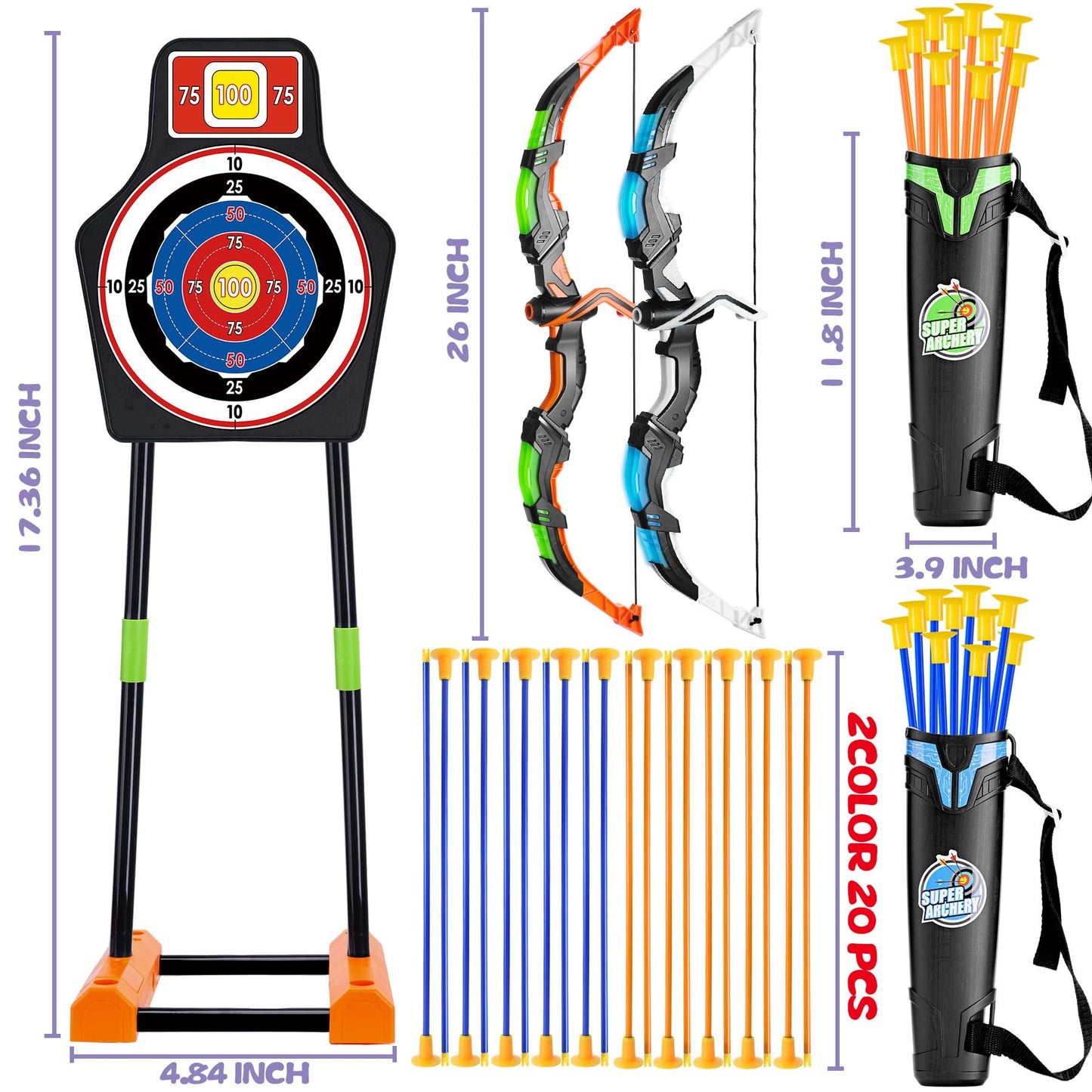 2 Bow and Arrow Set with Standing Moving Lens and 2 Colors, 20 Suction Cup Arrows, Lighted Archery Toys for Kids Ages 4-12 Boys Girls Indoor Outdoor