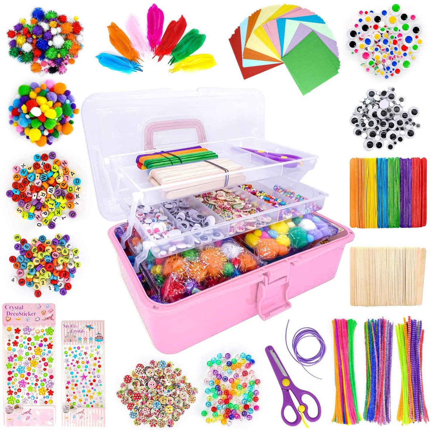 1405 Pcs Art and Craft Supplies for Kids, Toddler DIY Craft Art Supply Set Included Pipe Cleaners, Pom Poms, Feather, Folding Storage Box - All in One for Craft DIY Art Supplies（Pink）
