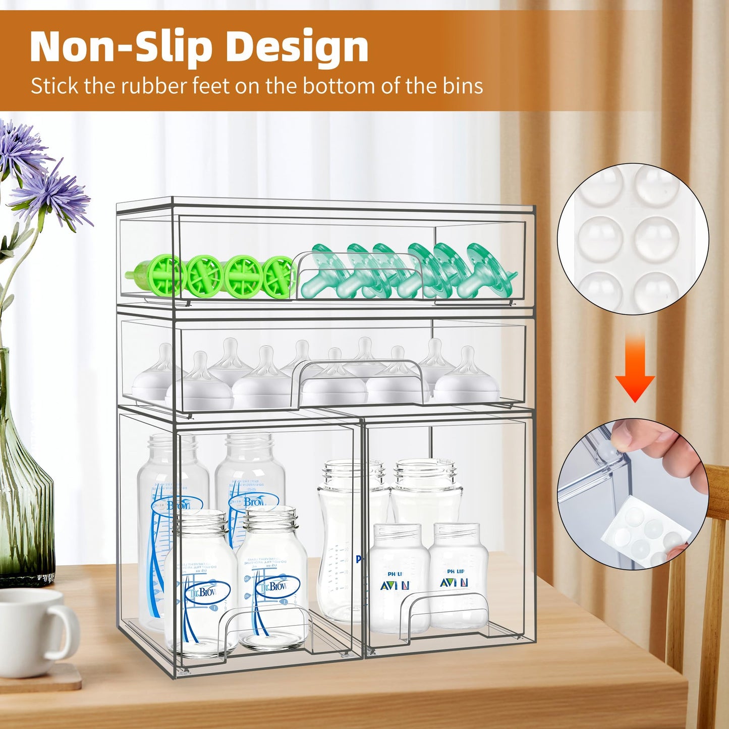 Baby Bottle Organizer, 4 Pack Stackable Storage Drawers with Labels, Clear Station Organizers Container for Pacifiers, Pump Parts, Desk Organizer Bins for Bathroom, Cabinet, Pantry, Vanity, Countertop