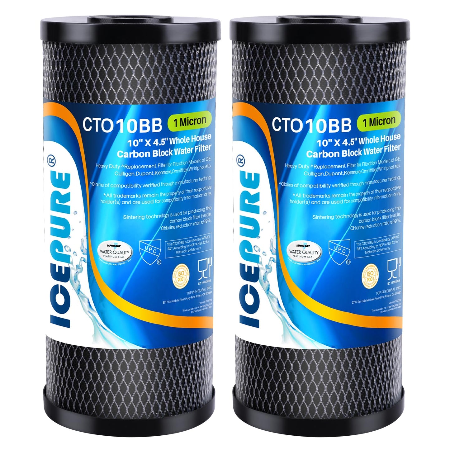 ICEPURE 10"X4.5",1 Microns Whole House Sediment Activated Carbon Water Filter Compatible with Dupont WFHDC8001, EP Series,EPM Series, CB-BB-10, GE FXHTC, GXWH40L, GXWH35F, GNWH38S, CTO10BB,2PACK