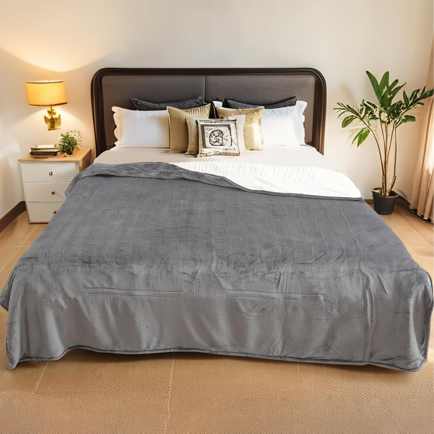 LaffyLo Electric Heated Blanket Full Size 72"x 84", Flannel & Sherpa for Bed, Sofa and Couch, ETL Certified, 10 Heat Settings, 1-12H Timer, Overheat Protection, Machine Washable, Light Grey