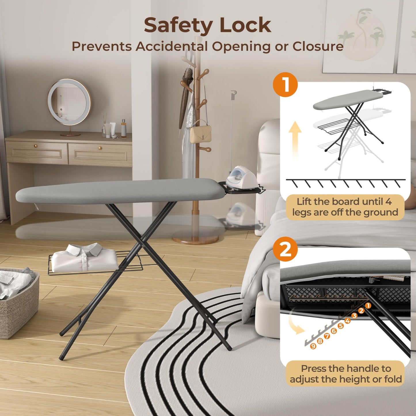 Yaheetech Ironing Board, Compact Heavy Duty Iron Board with Cord Holder, Steam Iron Rest and Bottom Storage Tray, 9 Adjustable Heights & 3 Layer Cover, 52X14 Gray