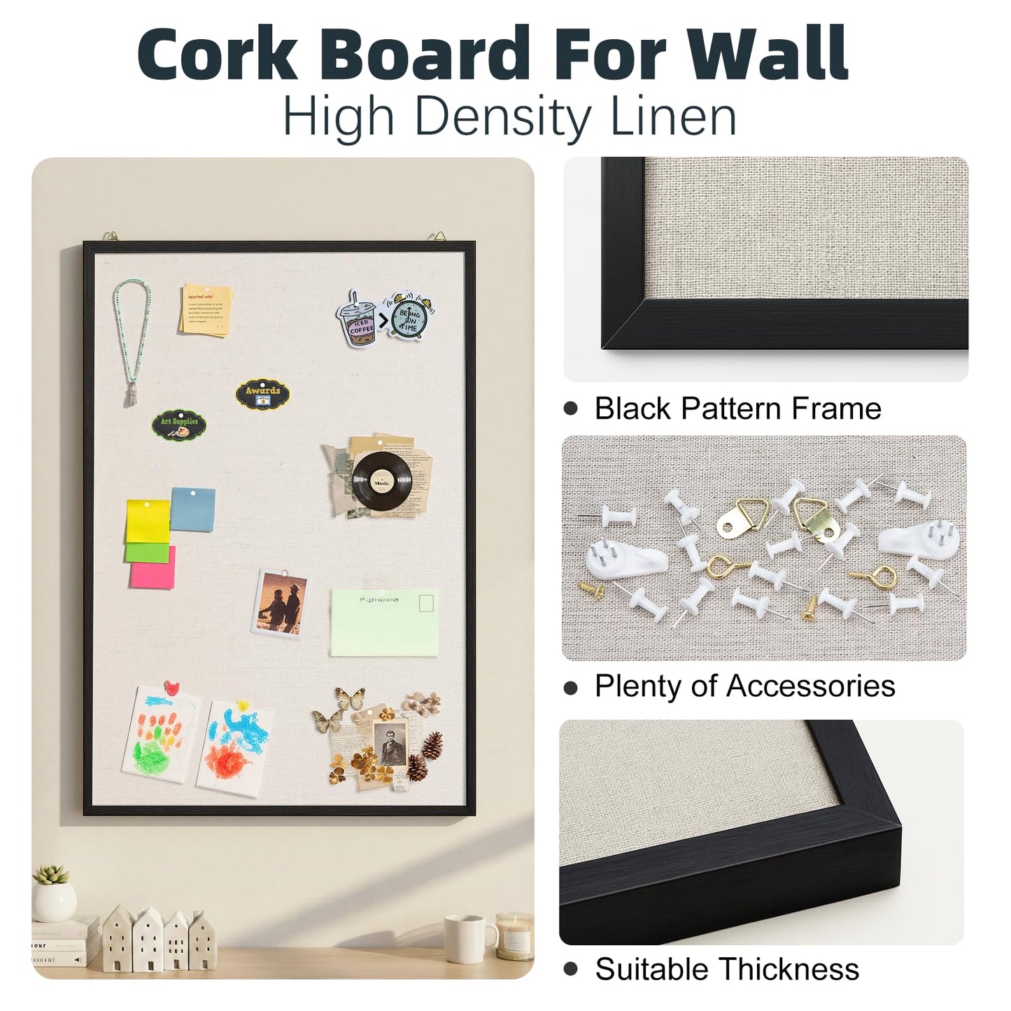 OWLKELA 24'' x 36'' Linen Bulletin Board with Black Oak Frame, Framed Cork Board for Wall, Decorative Vision Board & Hanging Pin Board for Home, Office & Classroom