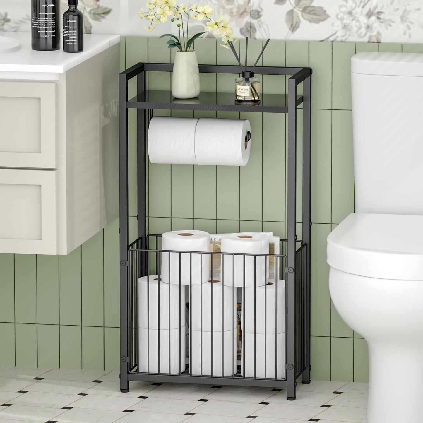 Freestanding Toilet Paper Holder with Storage Shelf - Larger Size Bathroom Tissue Stand with Space for Multiple Rolls, Phone, Wipes, and Magazines – All-in-One Toilet Roll Dispenser and Organizer