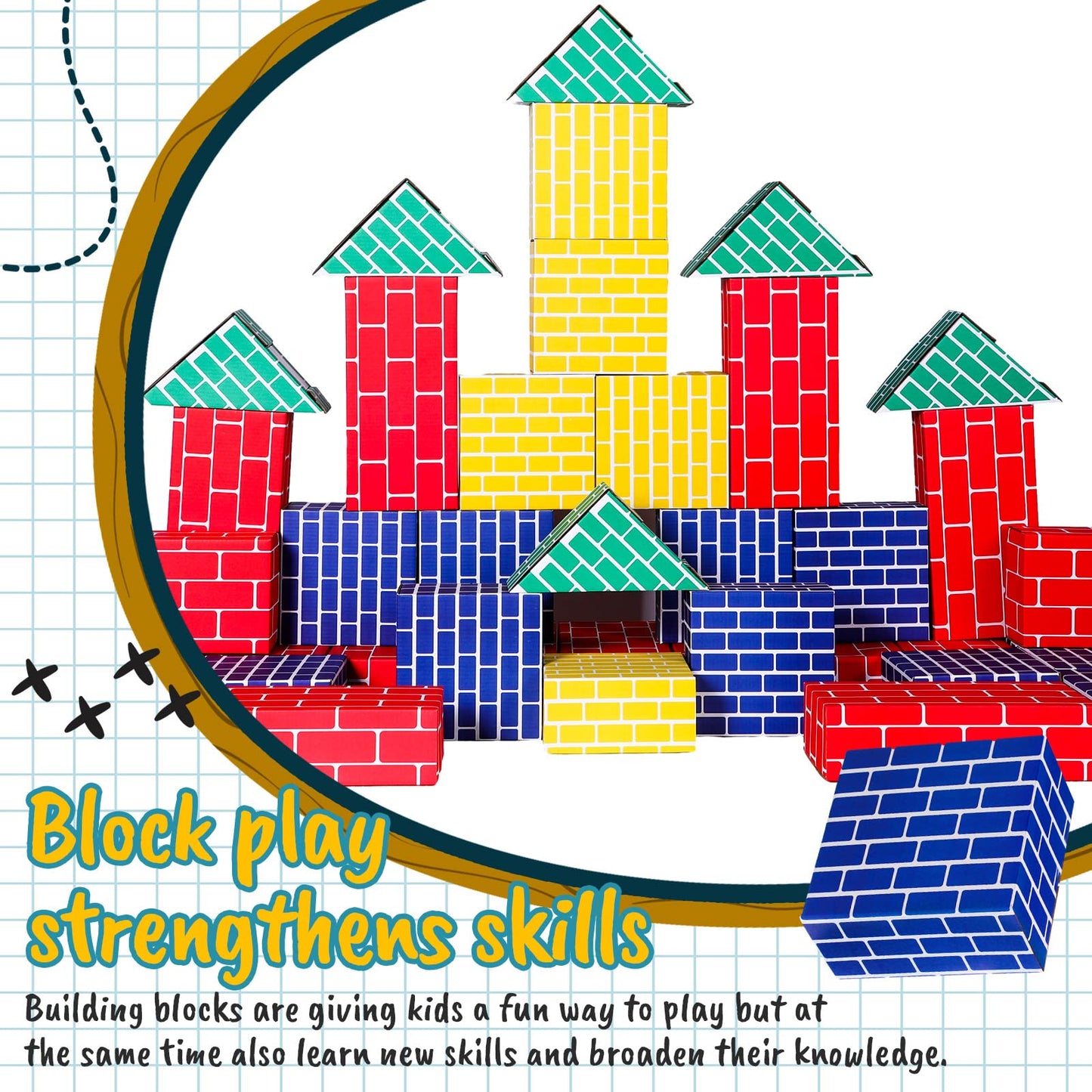 Junkin 48 Pcs Cardboard Building Blocks Extra Thick Jumbo Cardboard Blocks Pretend Blocks Rectangle Square Triangle Stacking Blocks for Kid Educational Learning Play Toys, Blue Yellow Red Green