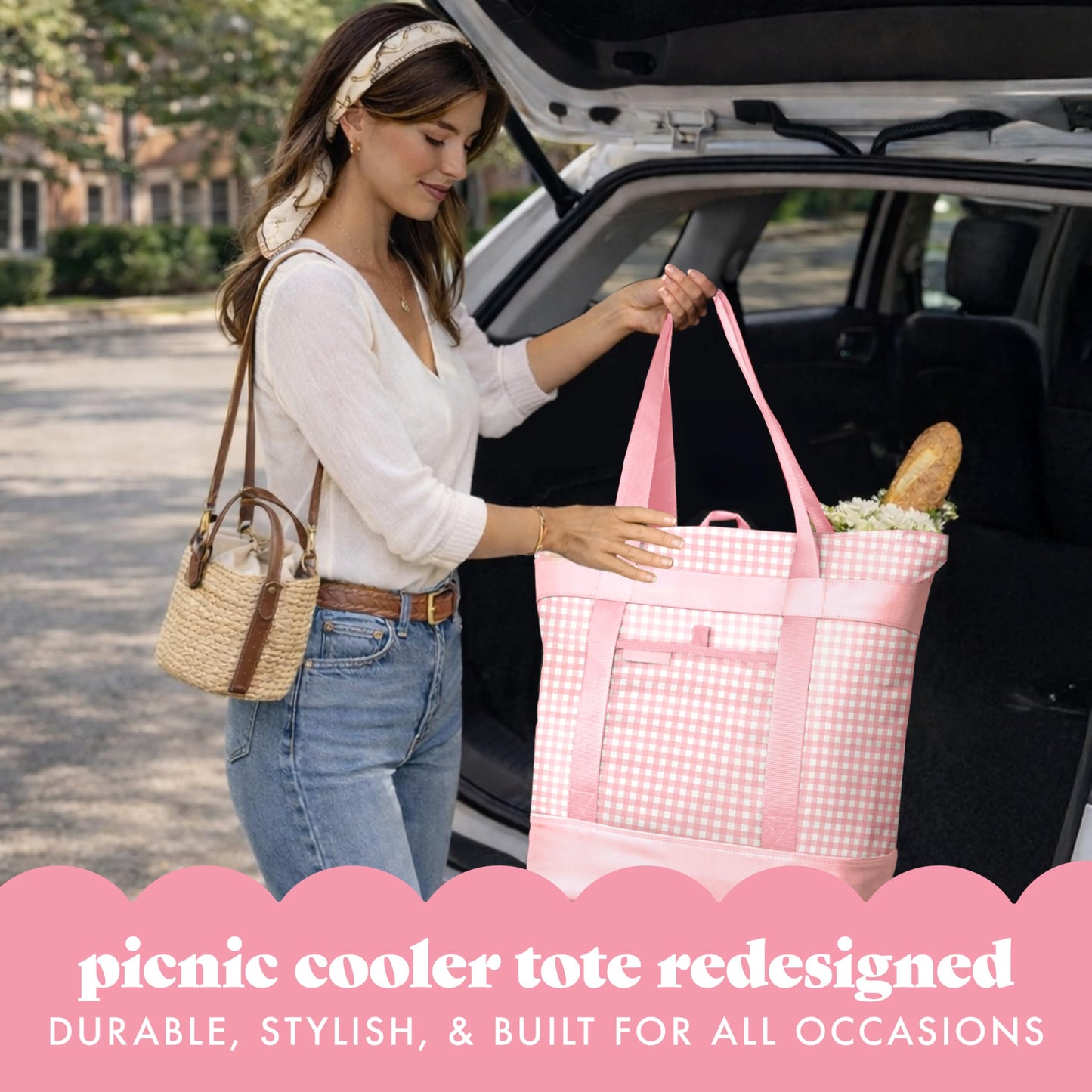 Fit & Fresh Insulated Grocery Tote Bag – Large Reusable Thermal Cooler Bag for Shopping, Food Delivery & Catering – Premium Leak Resistant Food Carrier, Foldable Soft Cooler, Pink Gingham