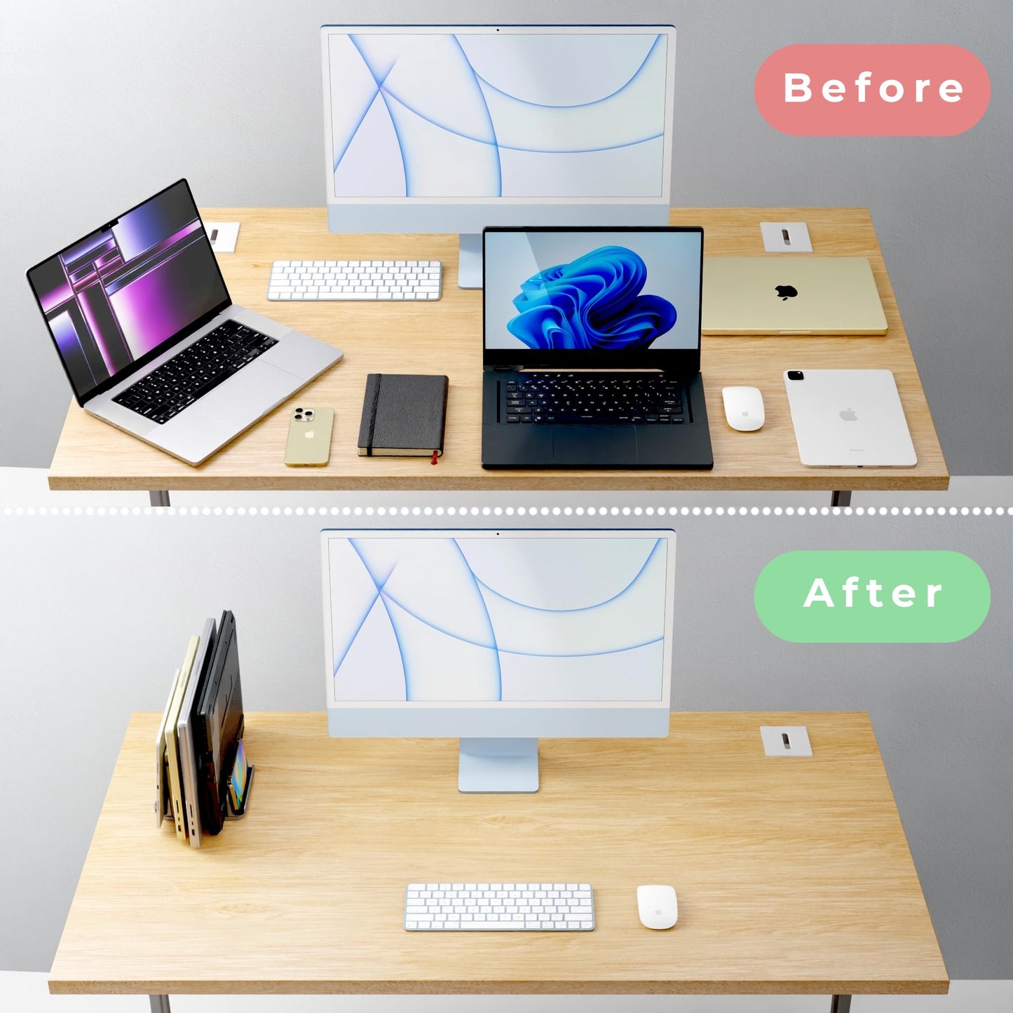 TEFONIA Vertical Laptop Stand Holder 5 Slots, Aluminum Space-Saving Laptop Holder, Adjustable Size Dock Tabletop Desk Organizer 3 Slot + 2 for Apple MacBook/Surface/PC/Tablet/iPad/iPhone (Space Gray)