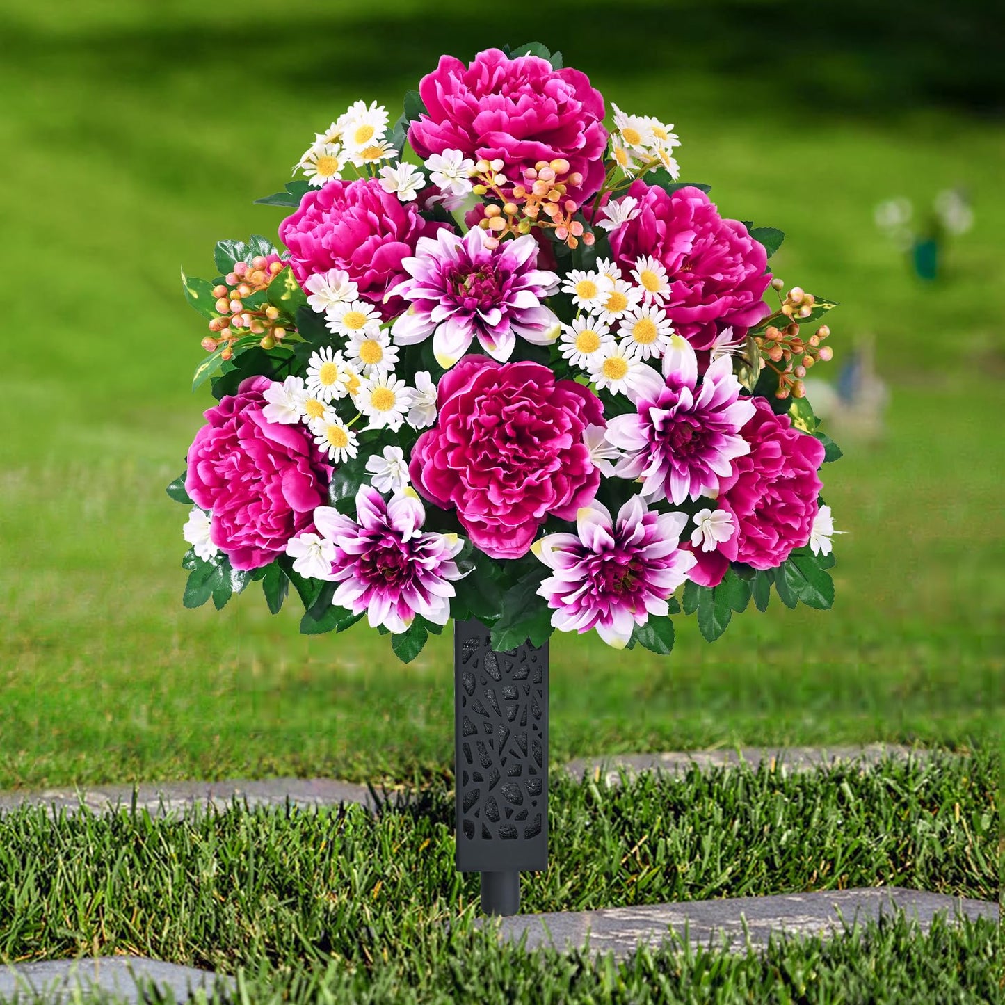 Dolicer Artificial Cemetery Flowers for Grave, Set of 2 Memorial Grave Flowers for Cemetery with Vase Realistic Silk Gravesites UV Resistant Peony Daisies Flowers Decorations (Red with White)