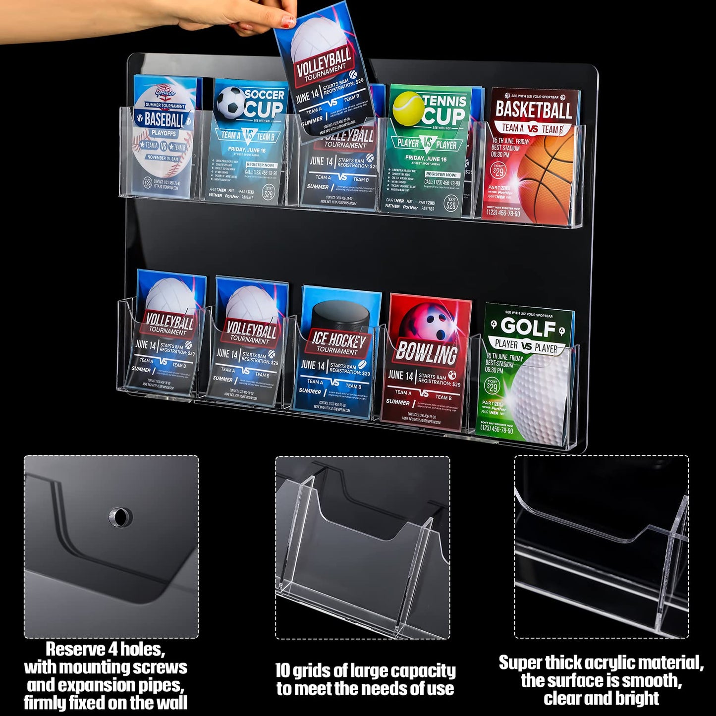 Eersida 10 Pockets Acrylic Brochure Pamphlet Holder Brochure Display Stand Business Tri Fold Multi Slot Holder Rack Wall Mount Clear Pocket Space Saver for Flyer Literature Menu Advertise