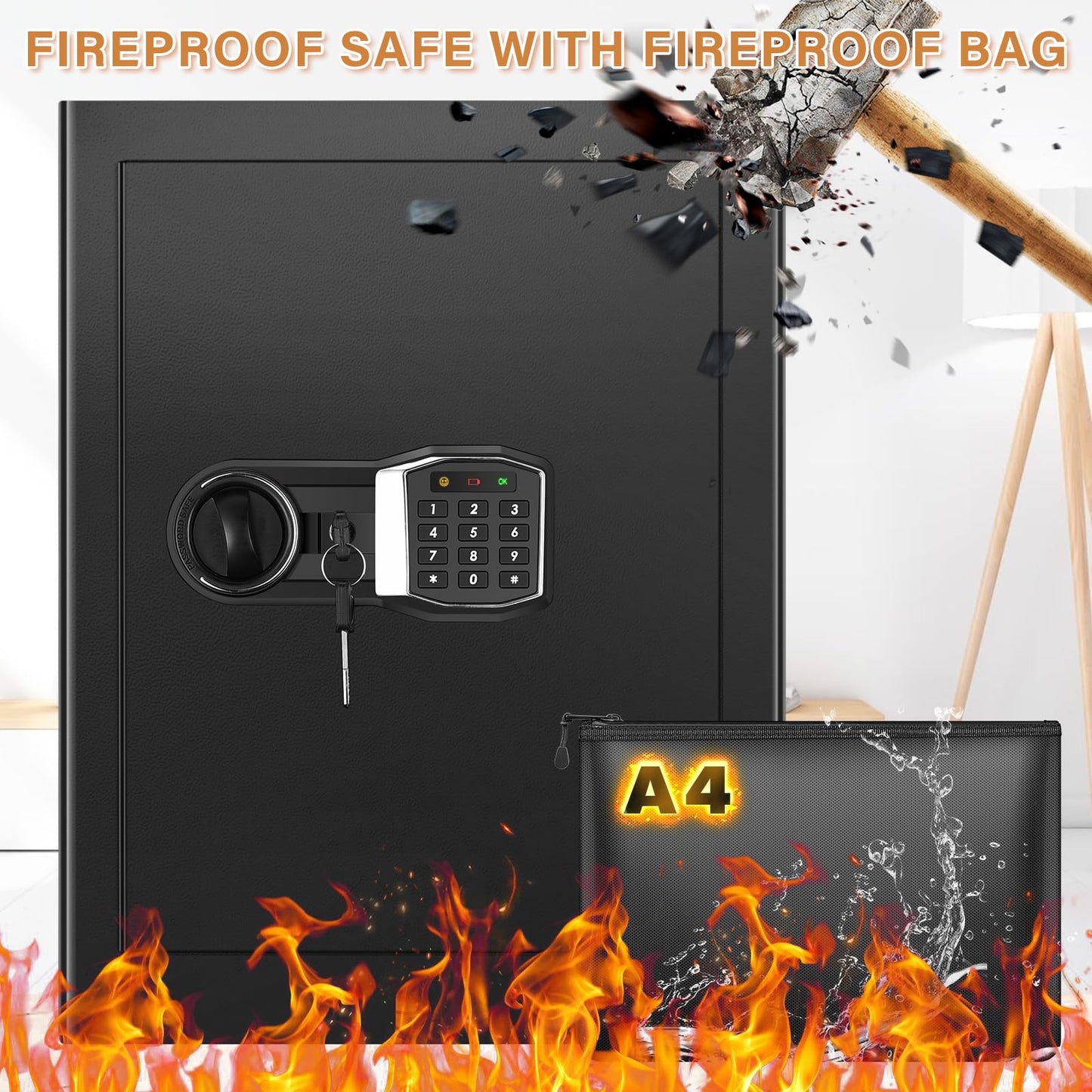 3.3 Cub Home Safe Fireproof Waterproof, Large Fire proof Safe Box with Fireproof Bag, Digital Keypad Key and Removable Shelf, Personal Security Safes for Home Money Jewellery Documents Valuables