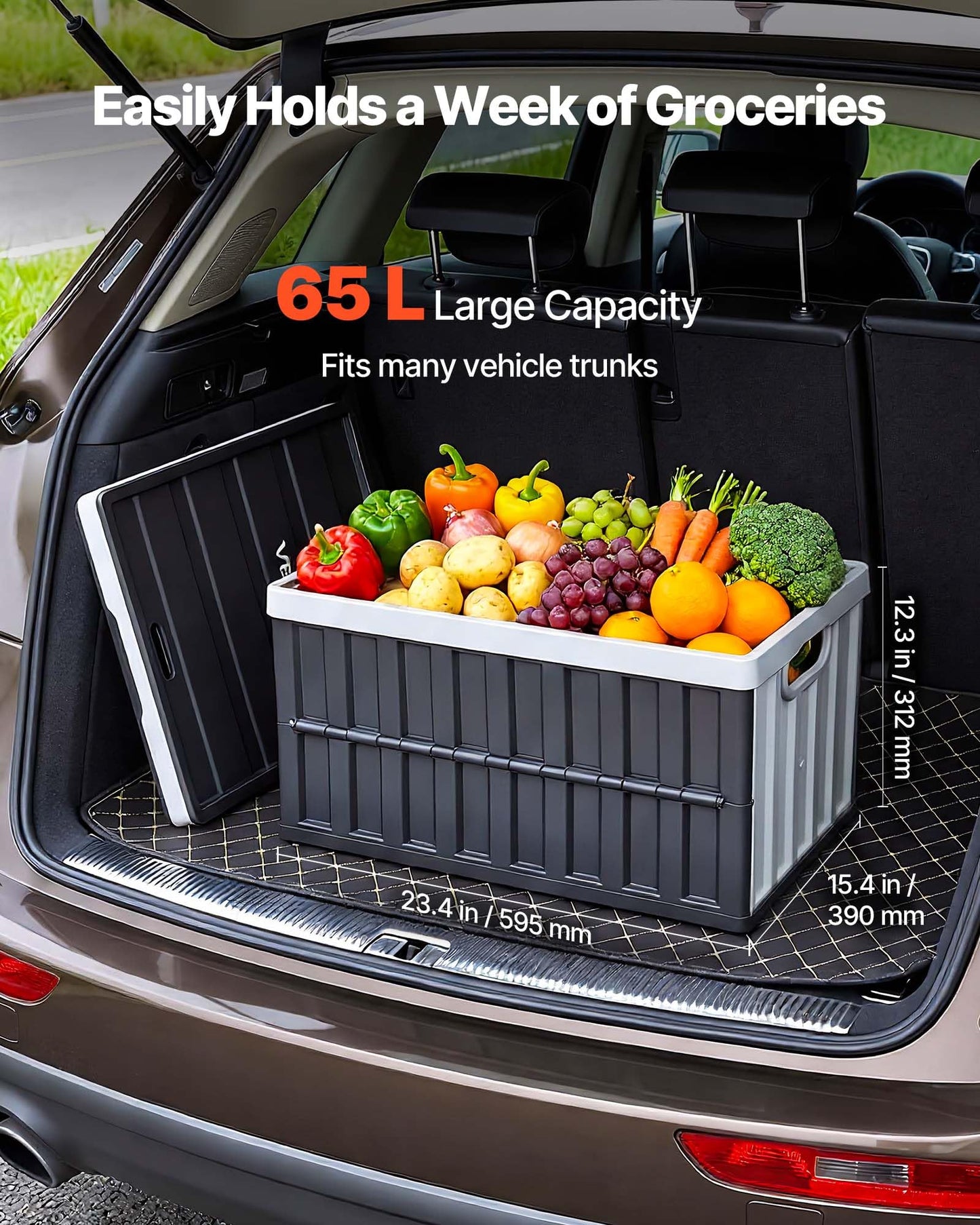 VEVOR Plastic Collapsible Storage Bins with Lids, 65L 3 Packs, Stackable Folding Storage Crates with Handles, Holds 84 lbs Per Bin, Heavy Duty Containers, Space-Saving Baskets, for Home Organizing
