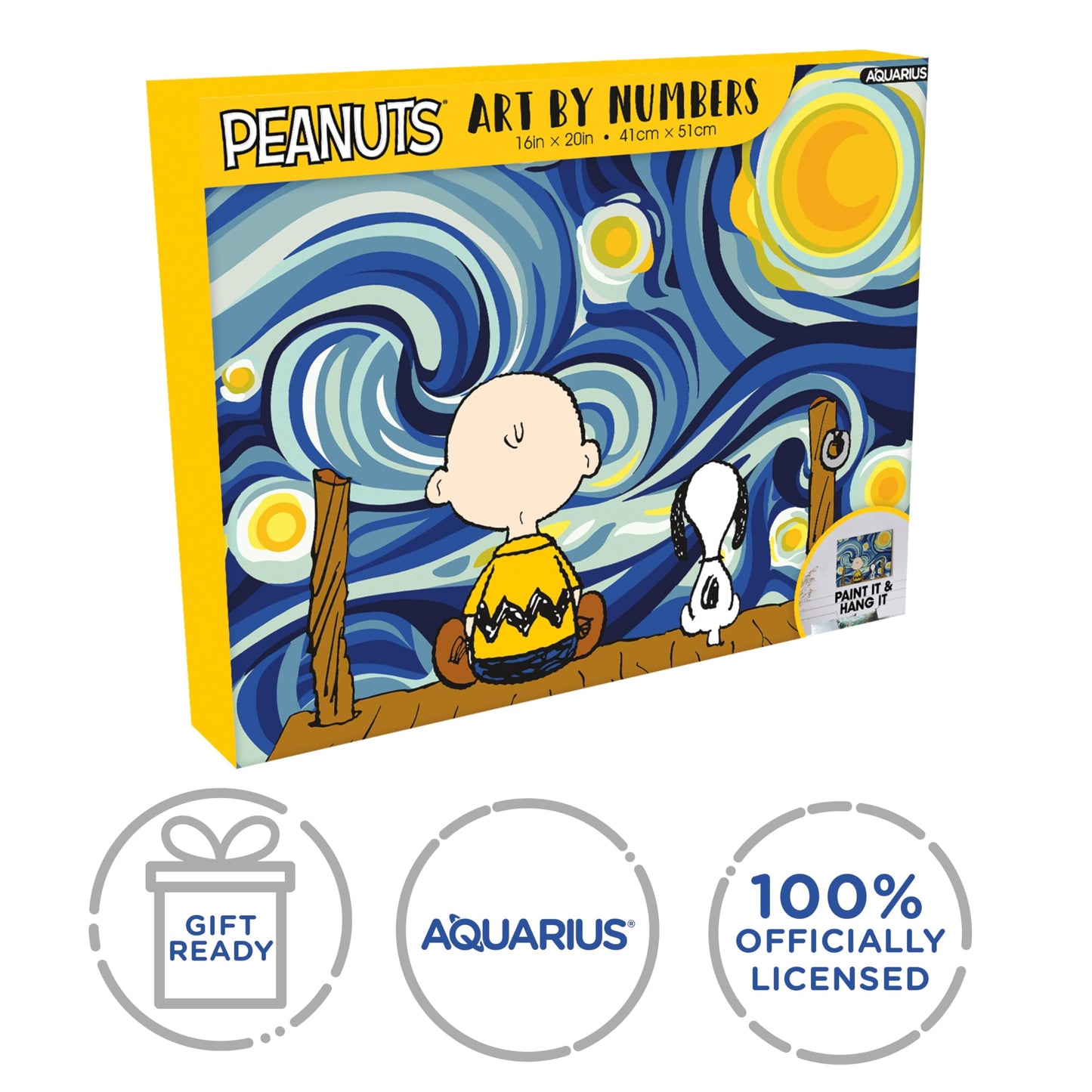 AQUARIUS Peanuts Starry Night Art by Numbers Painting Kit (16 x 20 Stretched Canvas) 24 Paints, 3 Paint Brushes, Ready to Hang, Officially Licensed Peanuts Collectible - 16x20 in