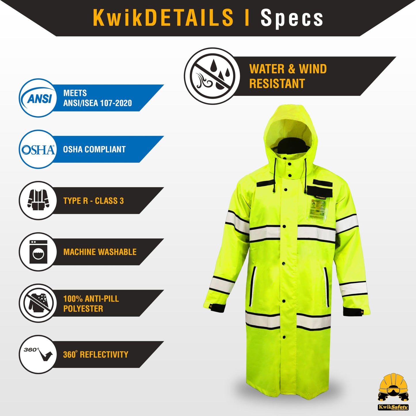 KwikSafety - Charlotte, NC - TORRENT TRENCH High Visibility Rain Gear - 2 PACK - Class 3 ANSI OSHA Reflective Weather Proof Hi Vis Safety Jacket/Yellow Large