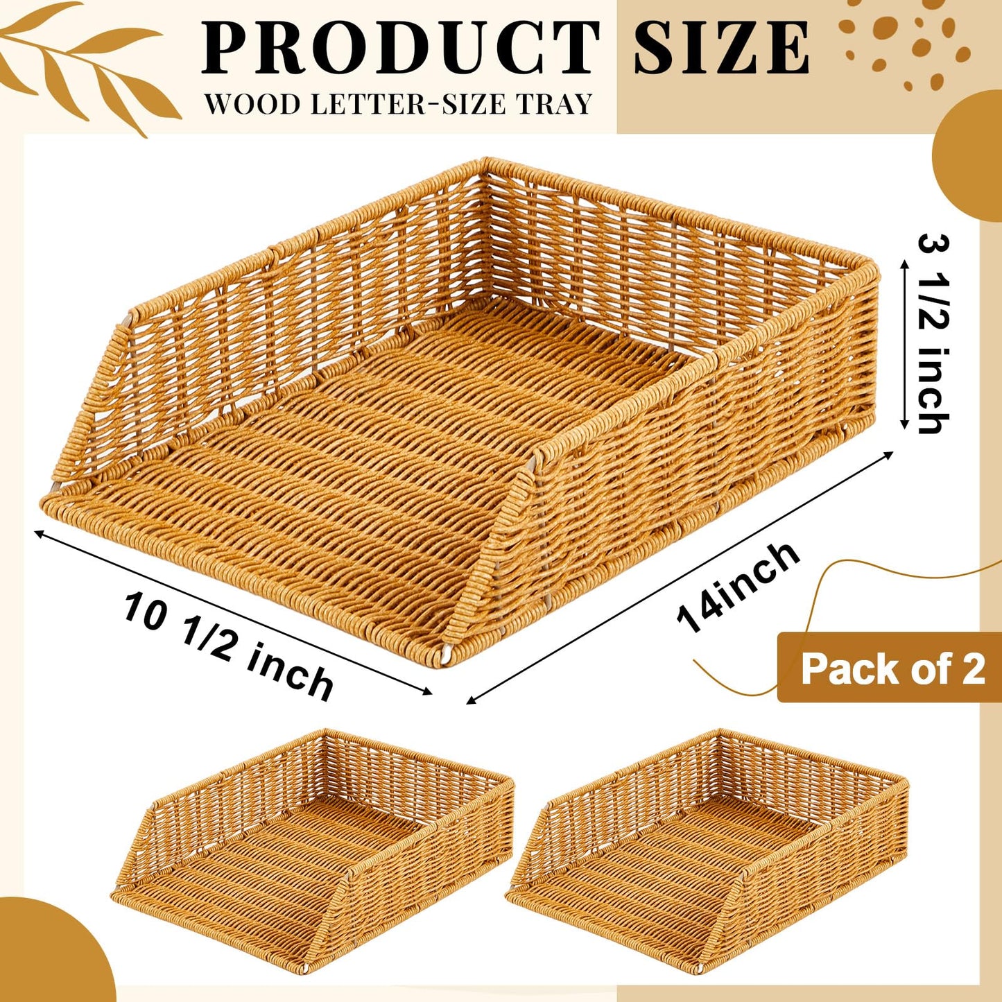 Yeaqee 2 Pcs Paper Tray Organizer for Desk Woven Letter File Organizer A4 File Tray Desk Paper Basket Letter Size Imitation Rattan Holder Organization Rack for Office Storage(Brown,Sleek Style)
