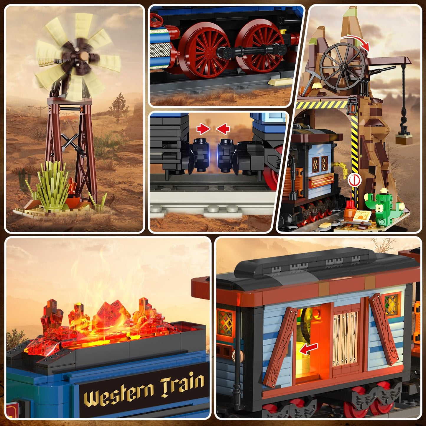 INSOON Western Train Building Set with Lights, 1912 PCS West Trains Static Display Model Toy with Tracks Windmill Water Tower, Home Office Decor Building Blocks for Adults Teens Big Boys Girls 12+