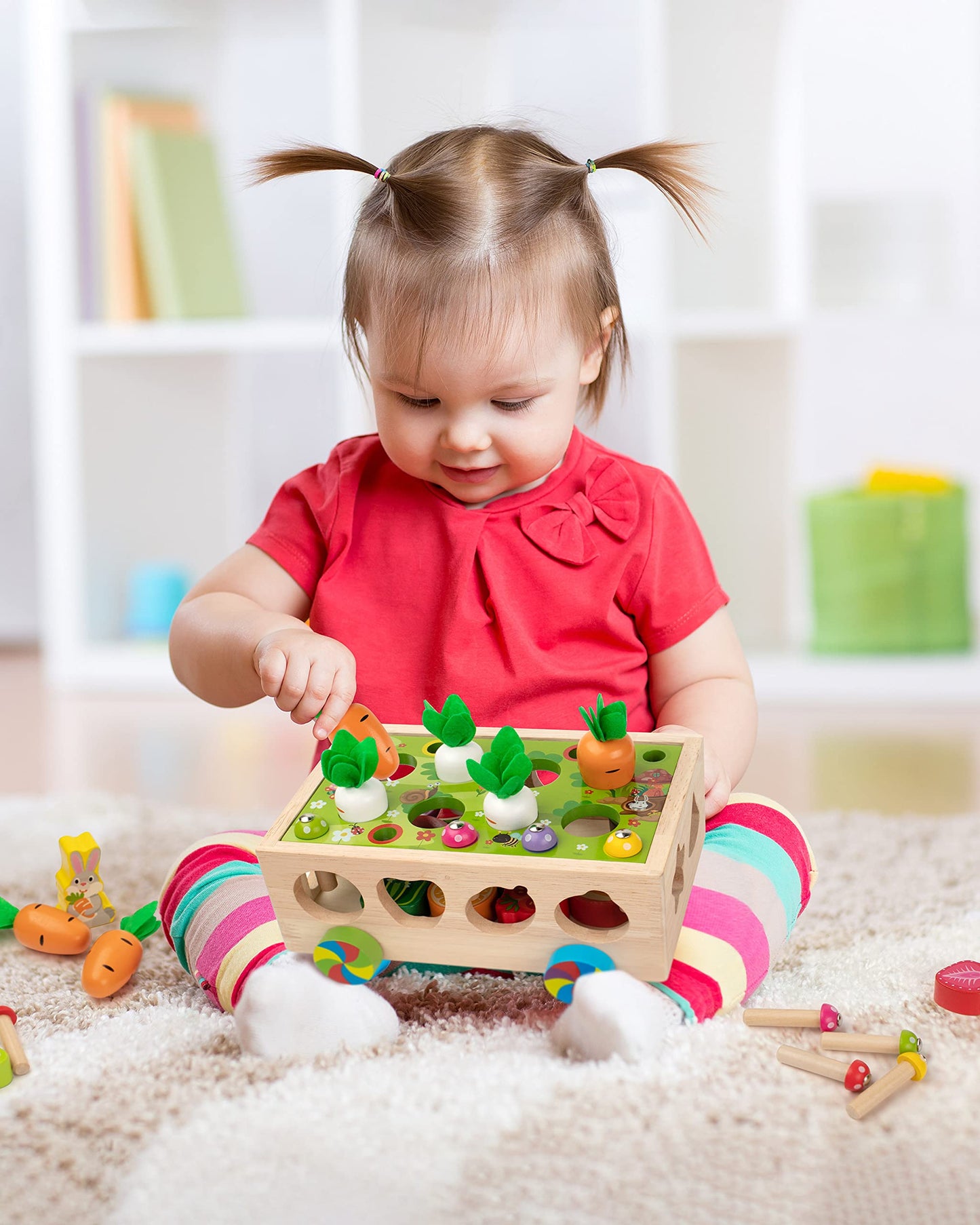 Coogam Montessori Fine Motor Toys for Baby Toddler, Wooden Shape Sorter Carrot Harvest Game, Preschool Learning Educational Gift Toy for Kids