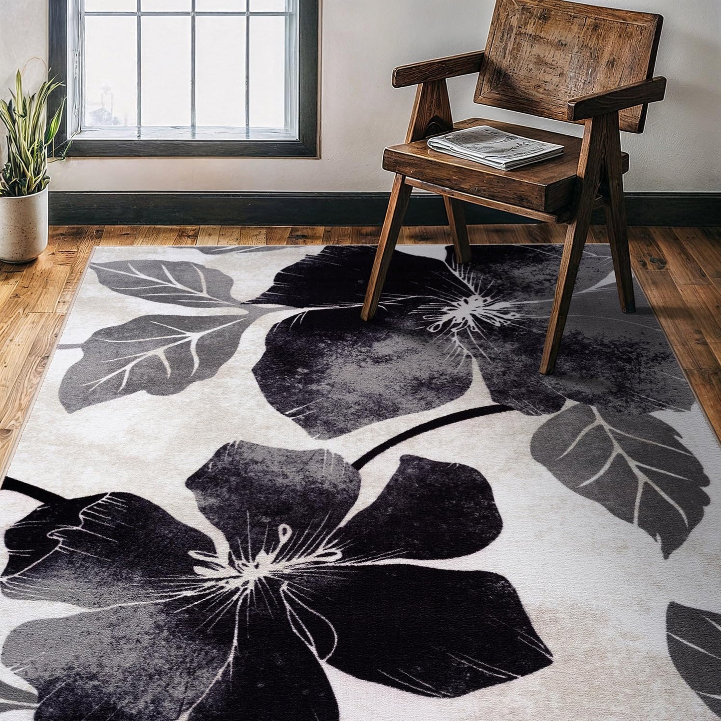CAMILSON Solana Modern Floral 4x6 Rug Non-Skid (Non-Slip) Rubber Backing Flowers Leaf Soft Non Shedding Easy Cleaning for Living Room Bedroom Kitchen Indoor Area Rugs Carpet (4 x 6, Black Grey)