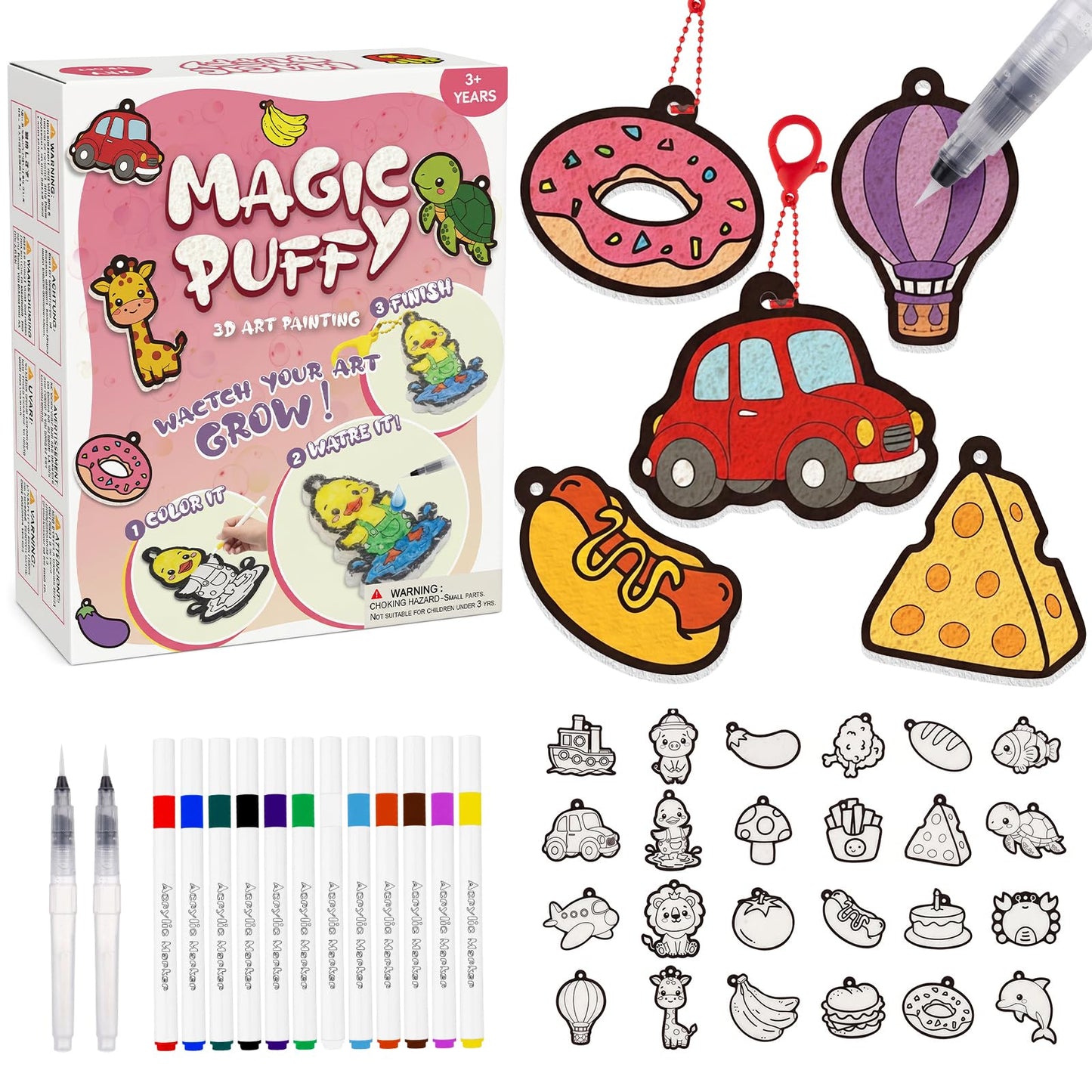 Fcoget Magic Puffy 3D Art Kit,Magic Foam Texture Painting Keychain Kit for kids,DIY Coloring Crafts, Mess Free Creative Gift for Girls & Boys Ages 4 5 6 7 8 9 10