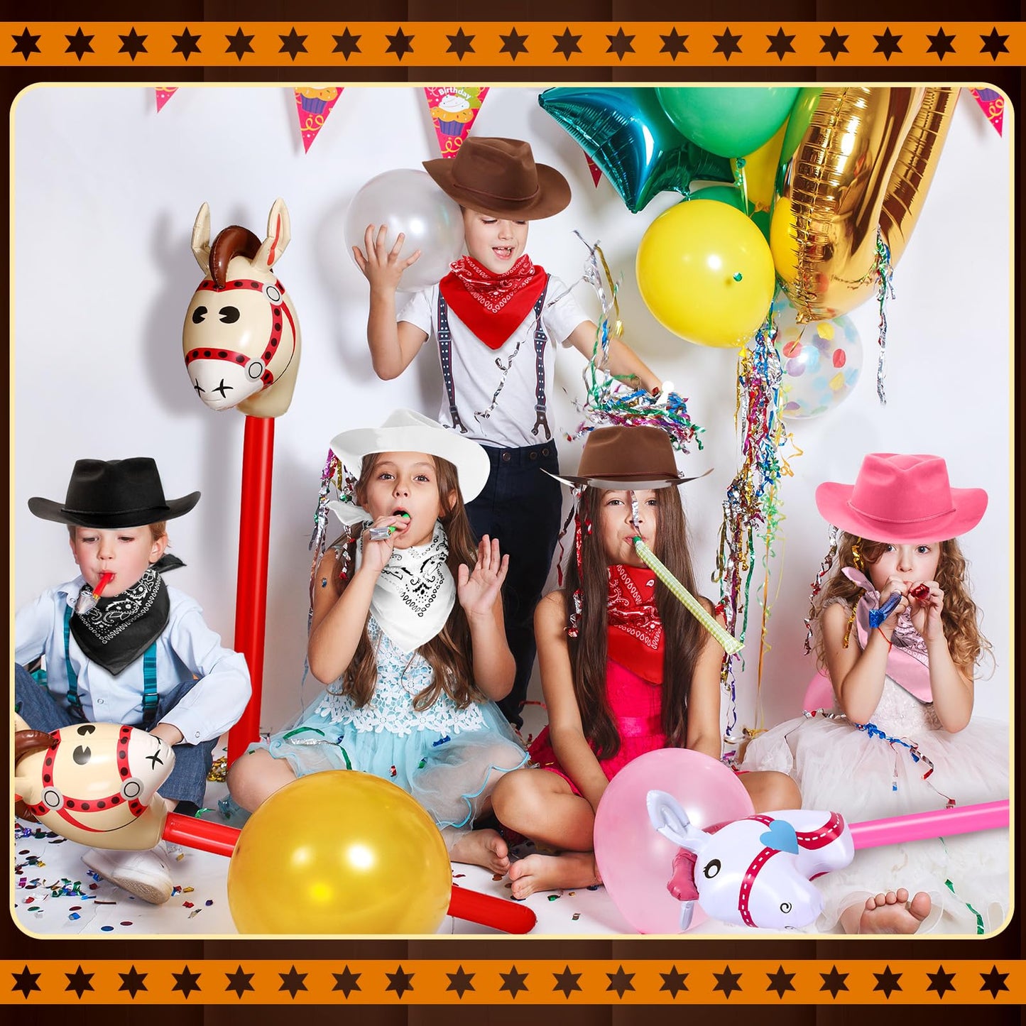 Xtinmee 36 Pcs Cowboy Party Costume Set, Farm Cowboy Hats Paisley Bandanas Inflatable Stick Horses Kids Party Supplies(Multicolor)