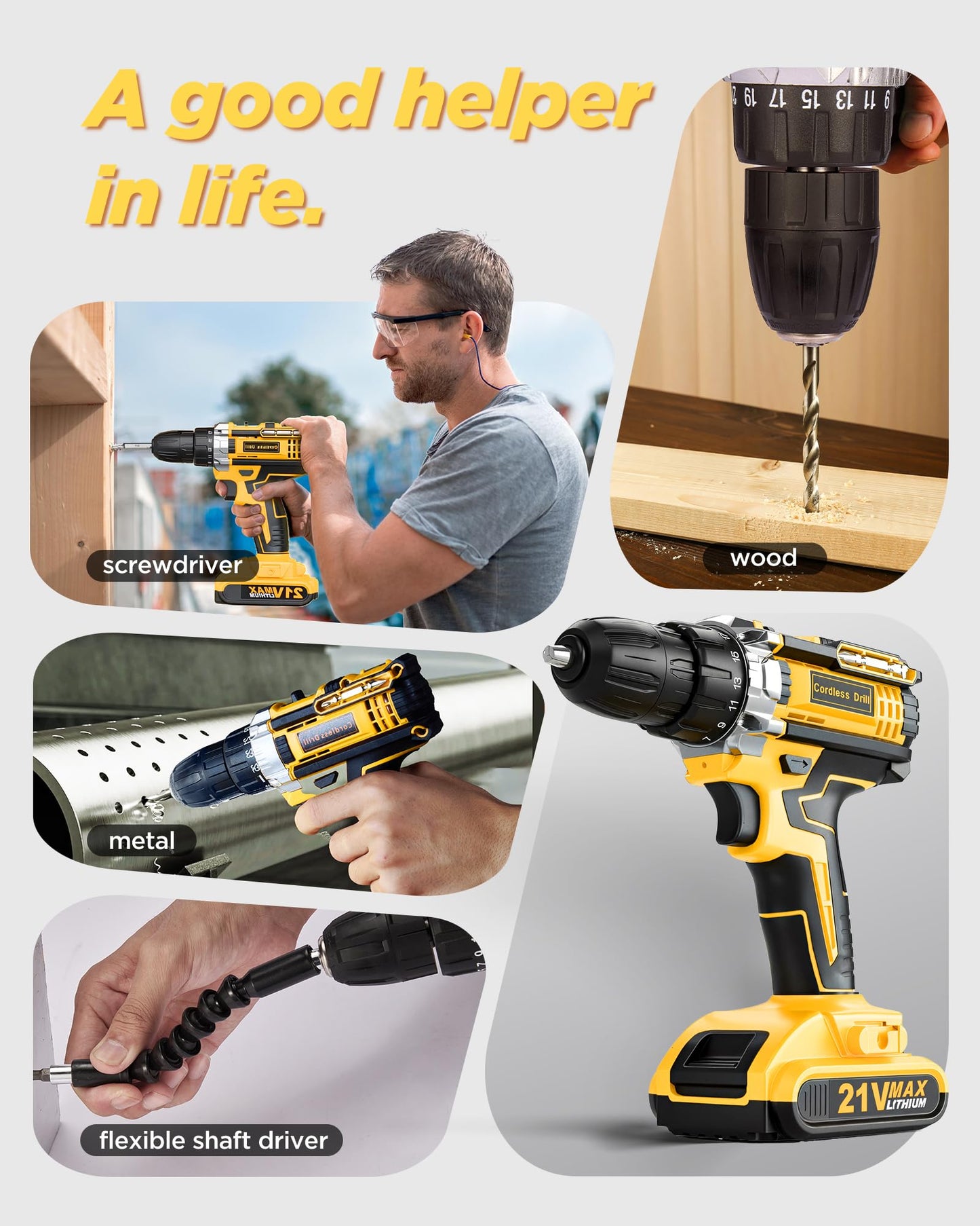 Drill, 21V Cordless Drill with Dual 2.0Ah Power Pack, Electric Drills 3/8 Inch Chuck 370 In-lbs, 25+1 Torque Power Combi Screwdriver Set with Power Pack and Charger, 2 Speed LED Light 29 Accessories