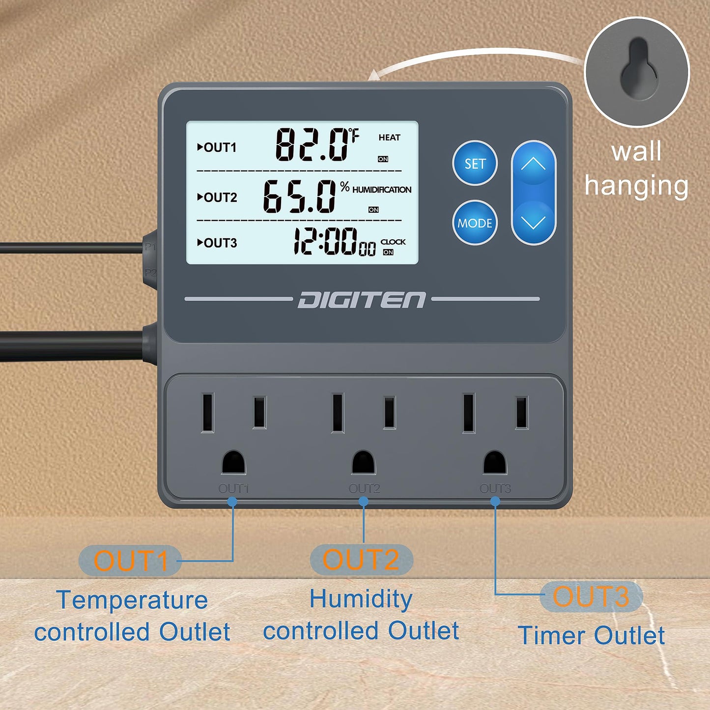 DIGITEN Reptile Temperature and Humidity Controller with Timer, Day-Night Function Thermostat, 3-Stage Outlet Plug in Temperature Controller for Reptile, Mushroom, Homebrew