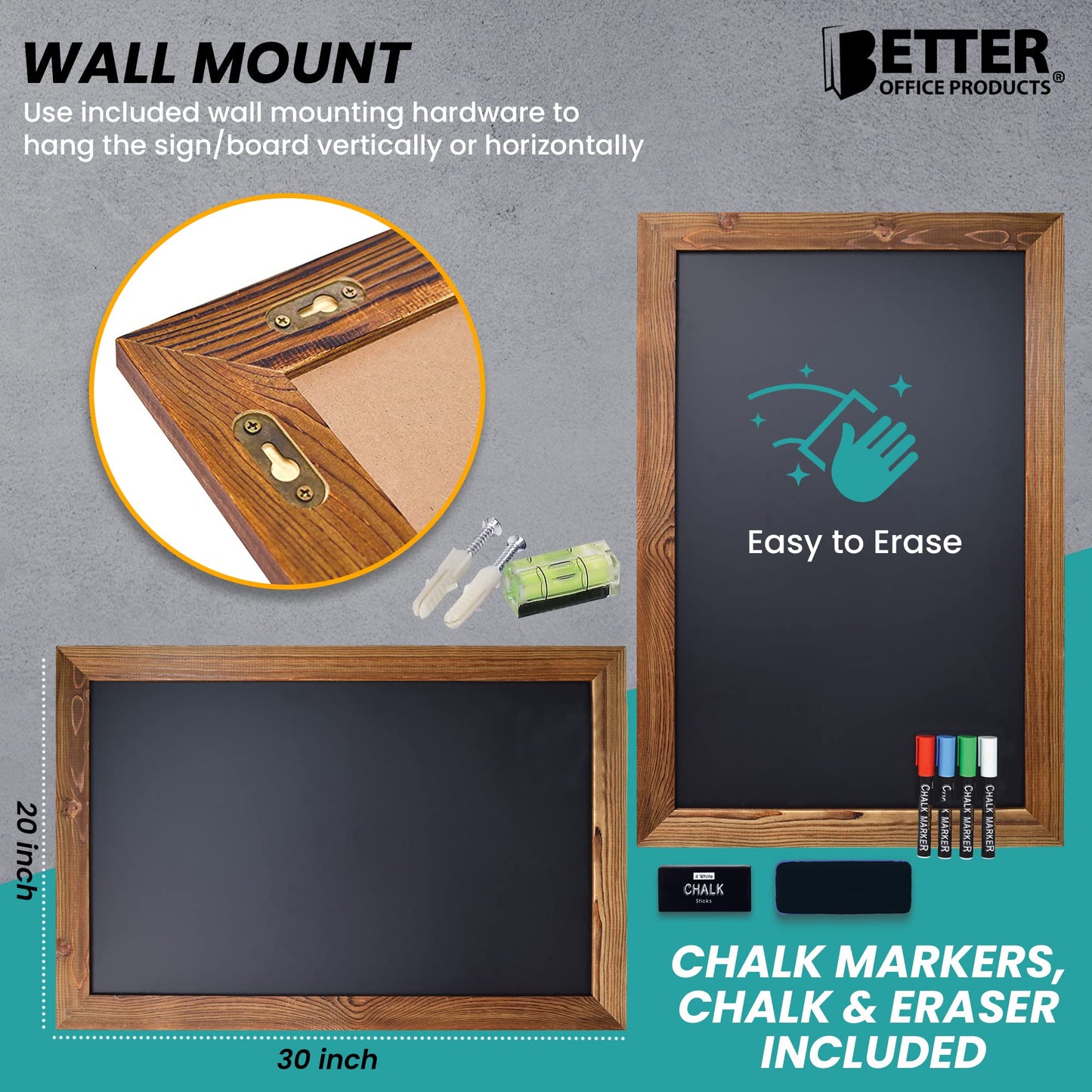 Better Office Products Magnetic Chalkboard, 20x30 Rustic Wood Frame Chalkboard Sign, Wall Mount Vertical/Horizontal, Includes Chalk Markers, Eraser, Chalk Board Easel Sign for Home Business Decor