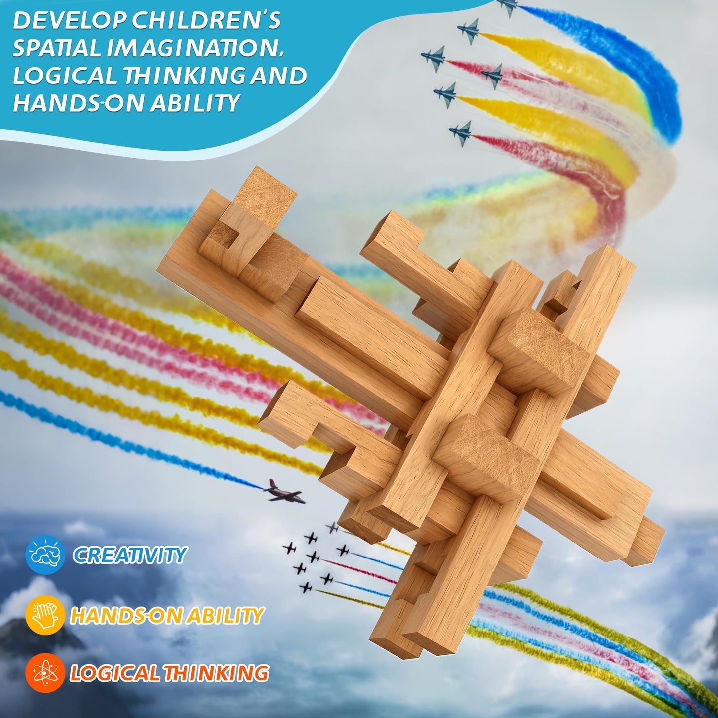 GLCforever 15 in 1 Educational Wooden Building Blocks - Mortise and Tenon Assembled into 15+ Various Shapes, STEM Toys Gift for Kids and Classroom, DIY Building Toys for Ages 5+ Teens Adults - 42 Pcs