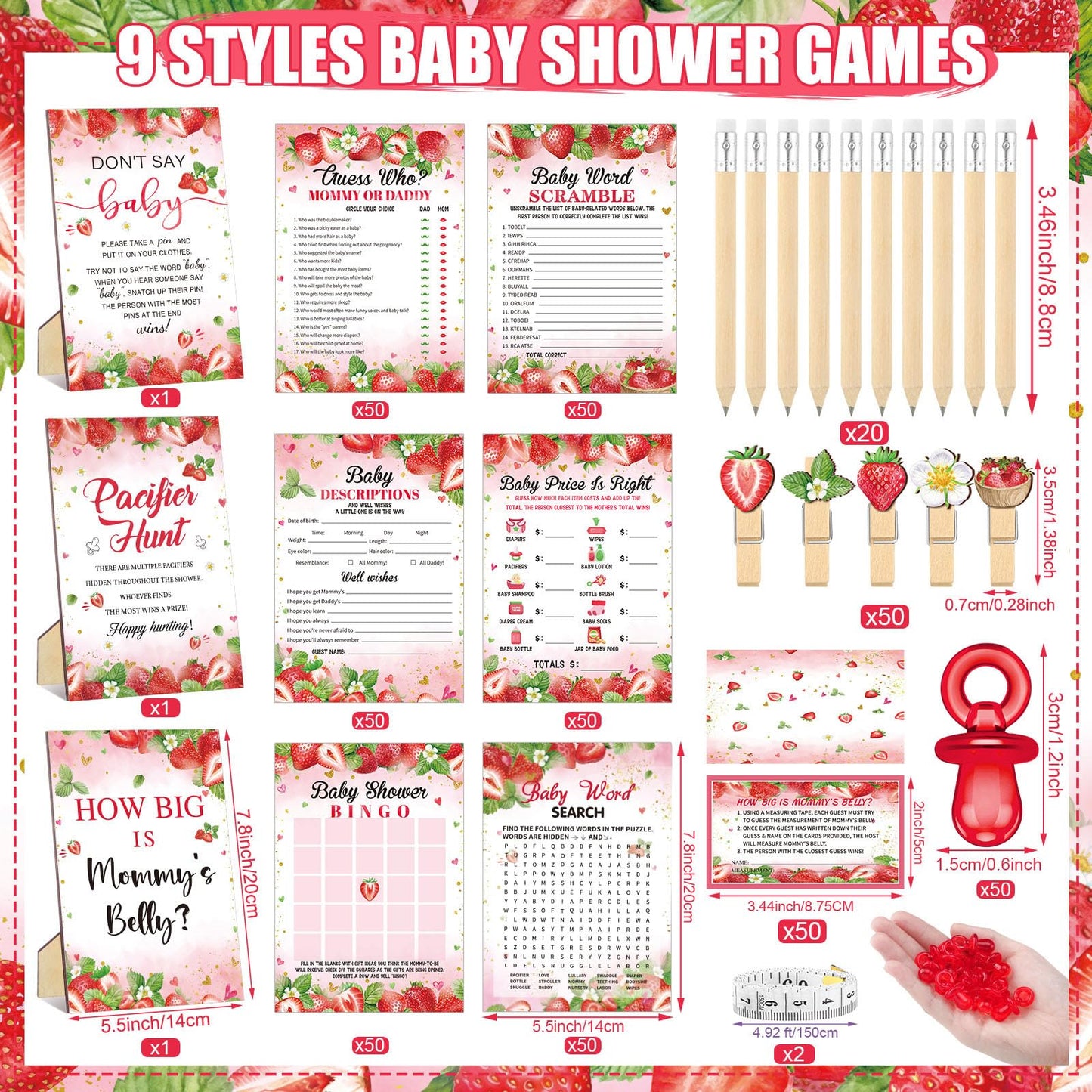 Sherr 476 Pcs Strawberry Baby Shower Games 6 Sets Activities Cards Pacifier Hunt Game 50 Pacifiers How Big is Mommy's Belly Sign 50 Guessing Cards 2 Measuring Tape Don't Say Baby Sign 50 Clothespin