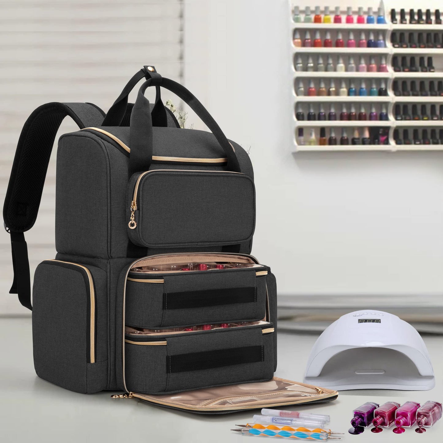 LUXJA Nail Polish Organizer (Backpack Version) Holds 70 Bottles and a Nail Lamp, Travel Nail Polish Bag with 2 Removable Cases and Tools Storage Pockets (Patent Pending), Black